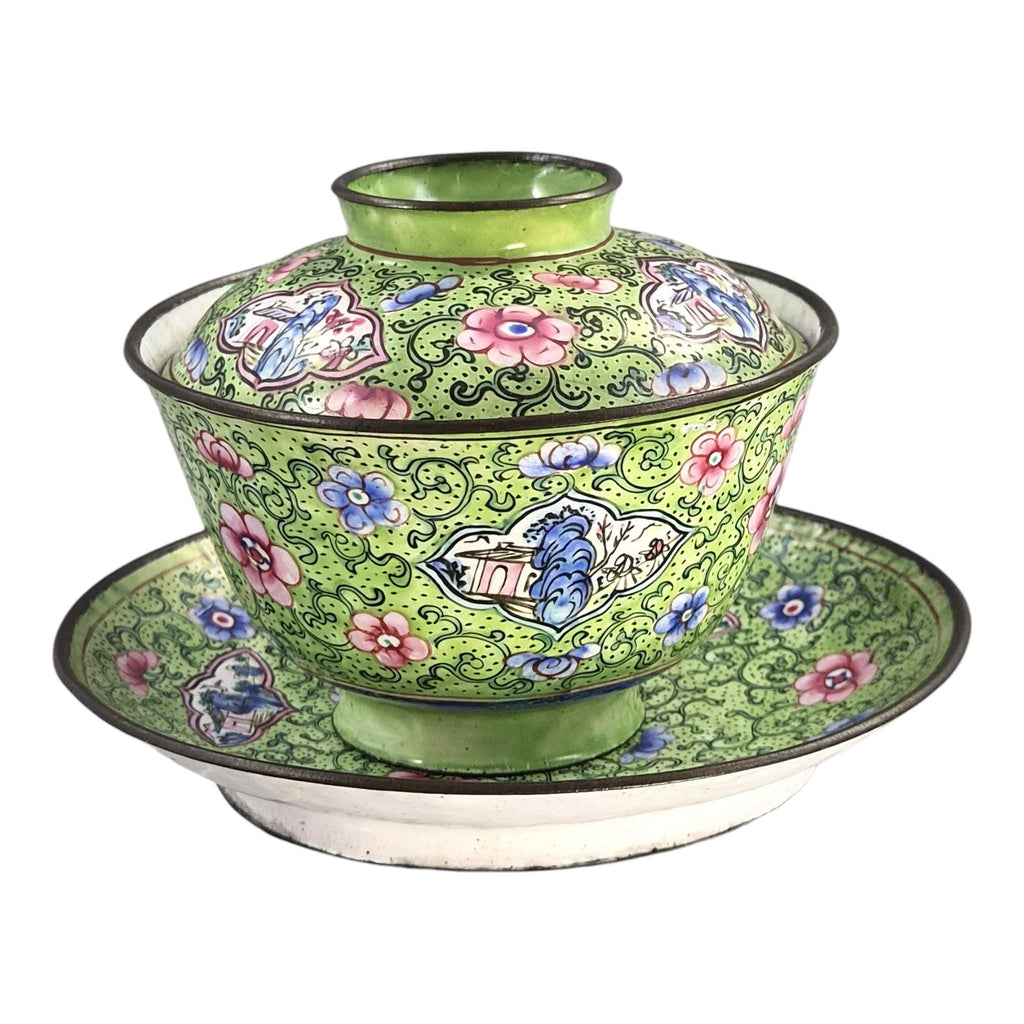 Antique Chinese Canton enamel gaiwan tea set, Qing dynasty, c. 1850–1860
