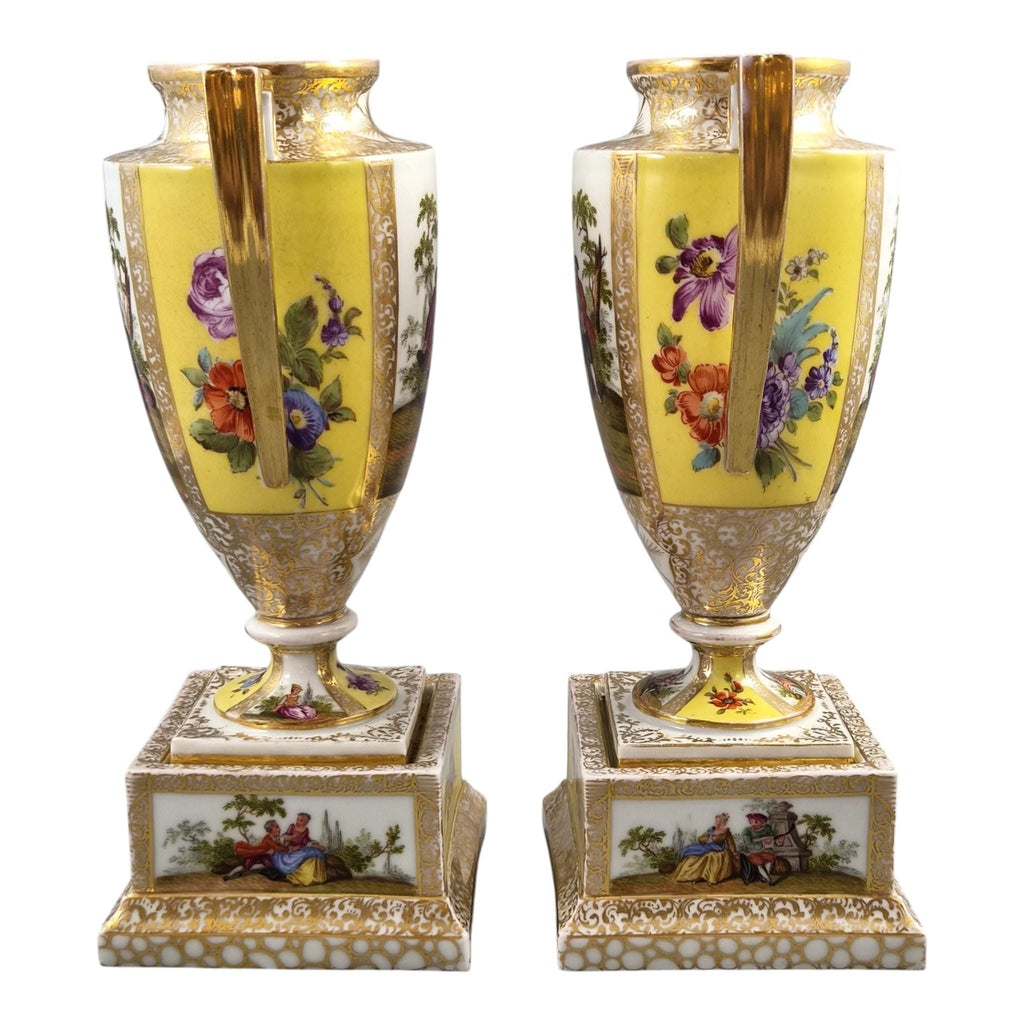 Helena Wolfsohn Dresden Porcelain Urns on Pedestals, Royal Yellow, c.1879-1883