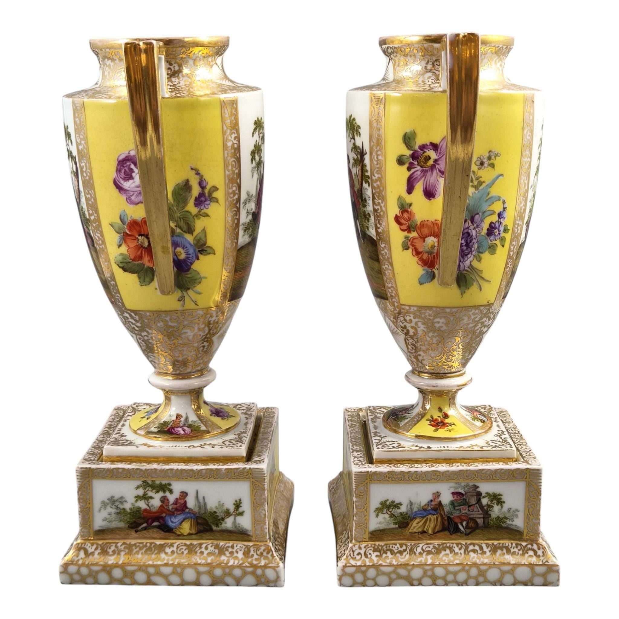 Helena Wolfsohn Dresden Porcelain Urns on Pedestals, Royal Yellow, c.1879-1883