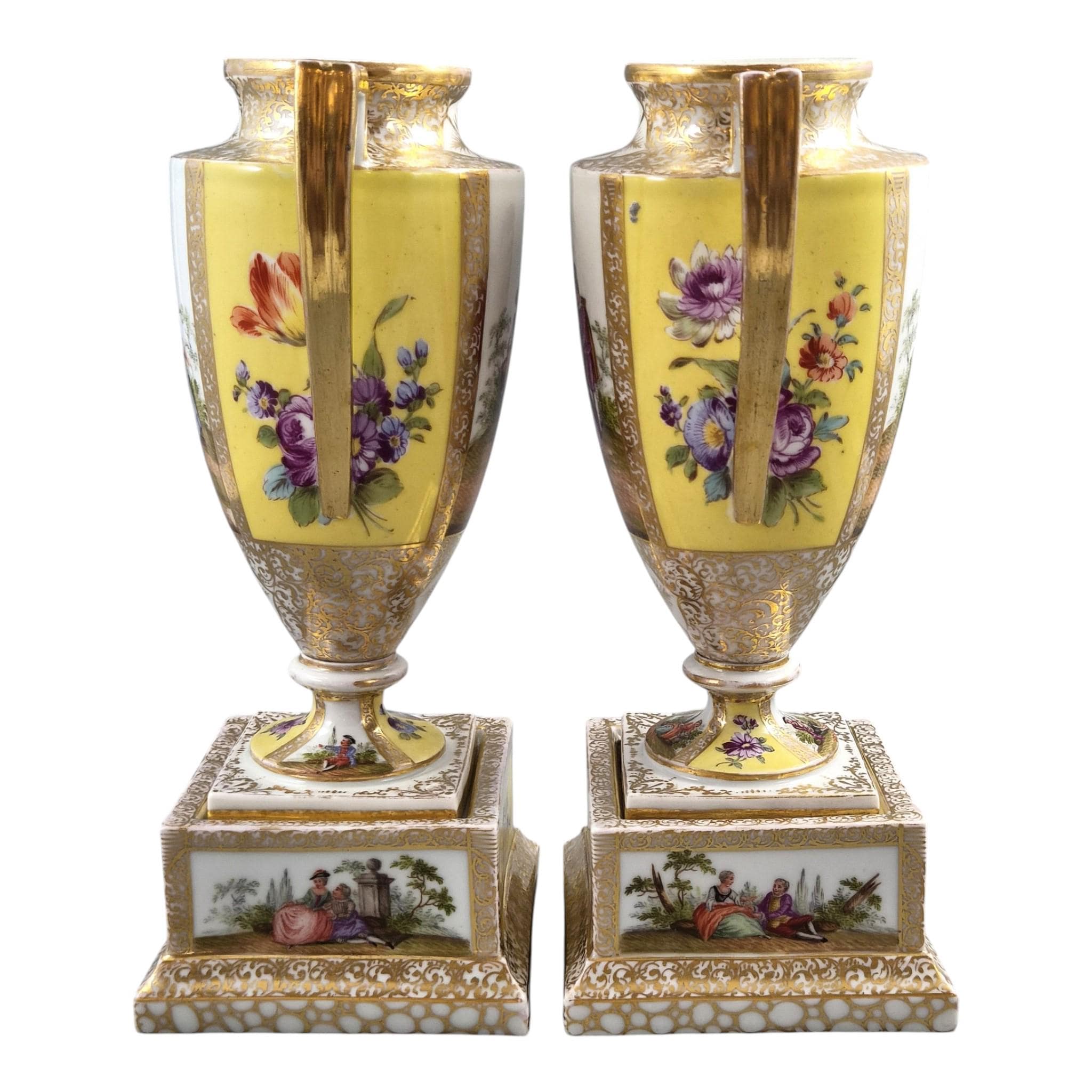 Helena Wolfsohn Dresden Porcelain Urns on Pedestals, Royal Yellow, c.1879-1883
