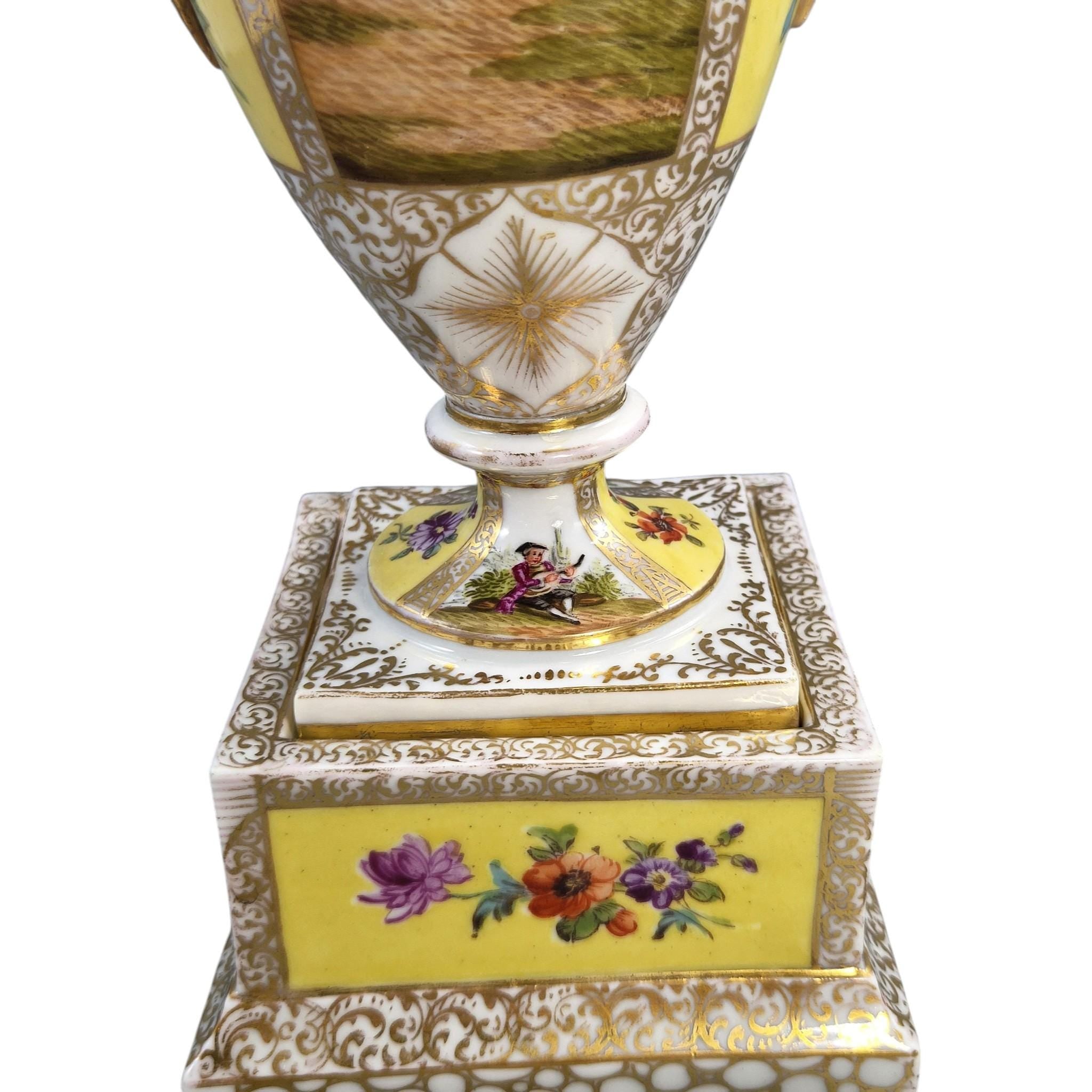 Helena Wolfsohn Dresden Porcelain Urns on Pedestals, Royal Yellow, c.1879-1883
