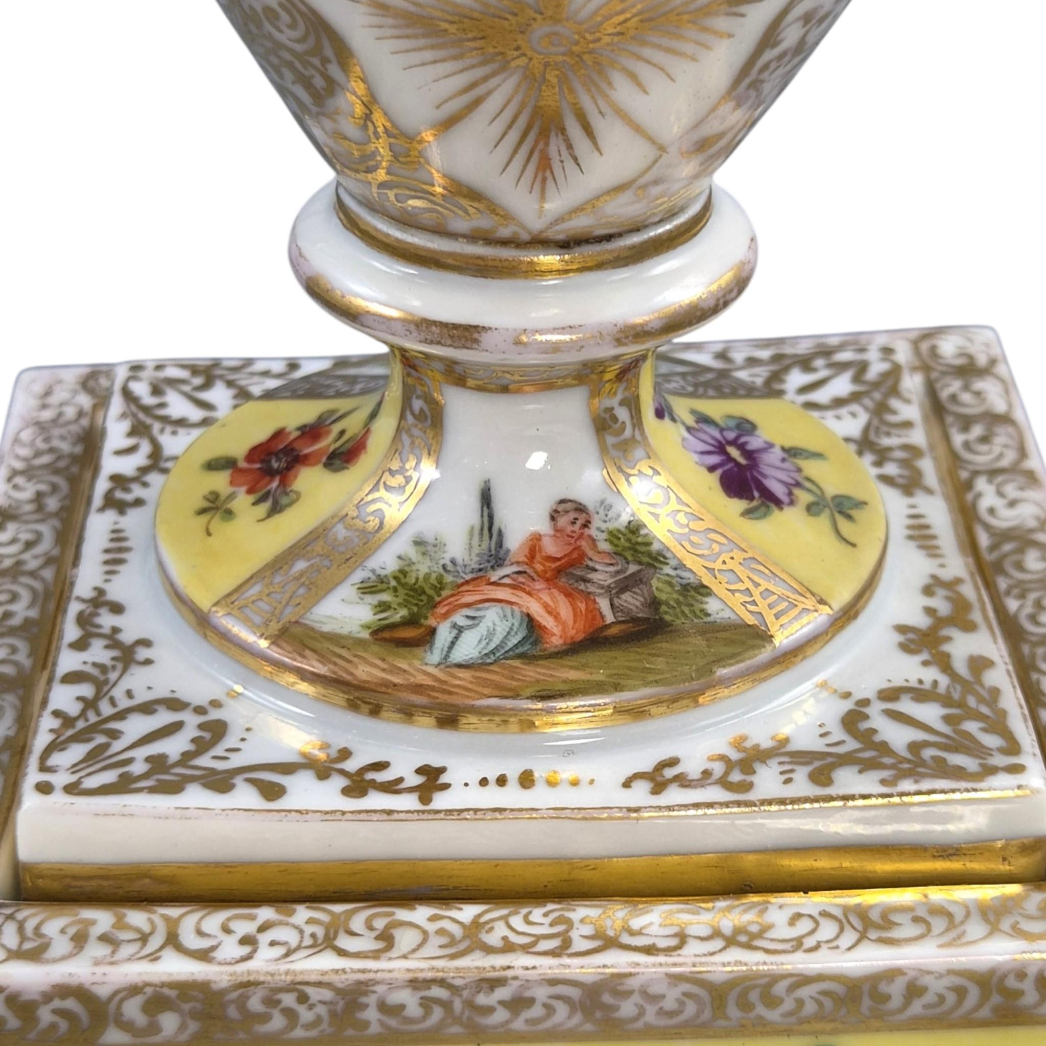 Helena Wolfsohn Dresden Porcelain Urns on Pedestals, Royal Yellow, c.1879-1883