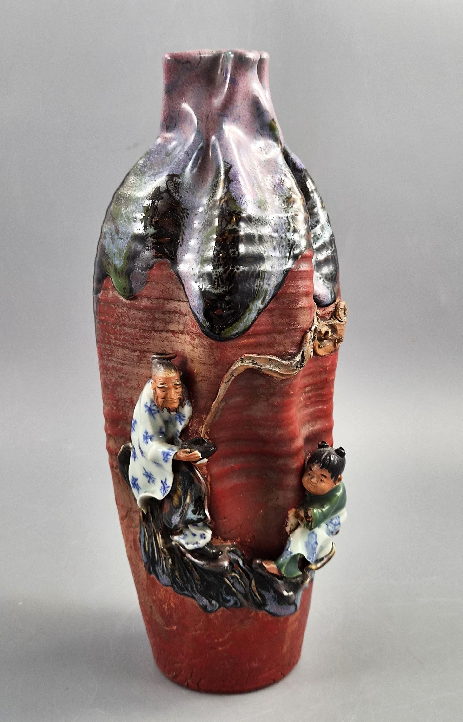 Japanese Sumida Gawa Vase Signed Ban-ni, Sage and Karako, Lavender Flambé, Meiji c.1900