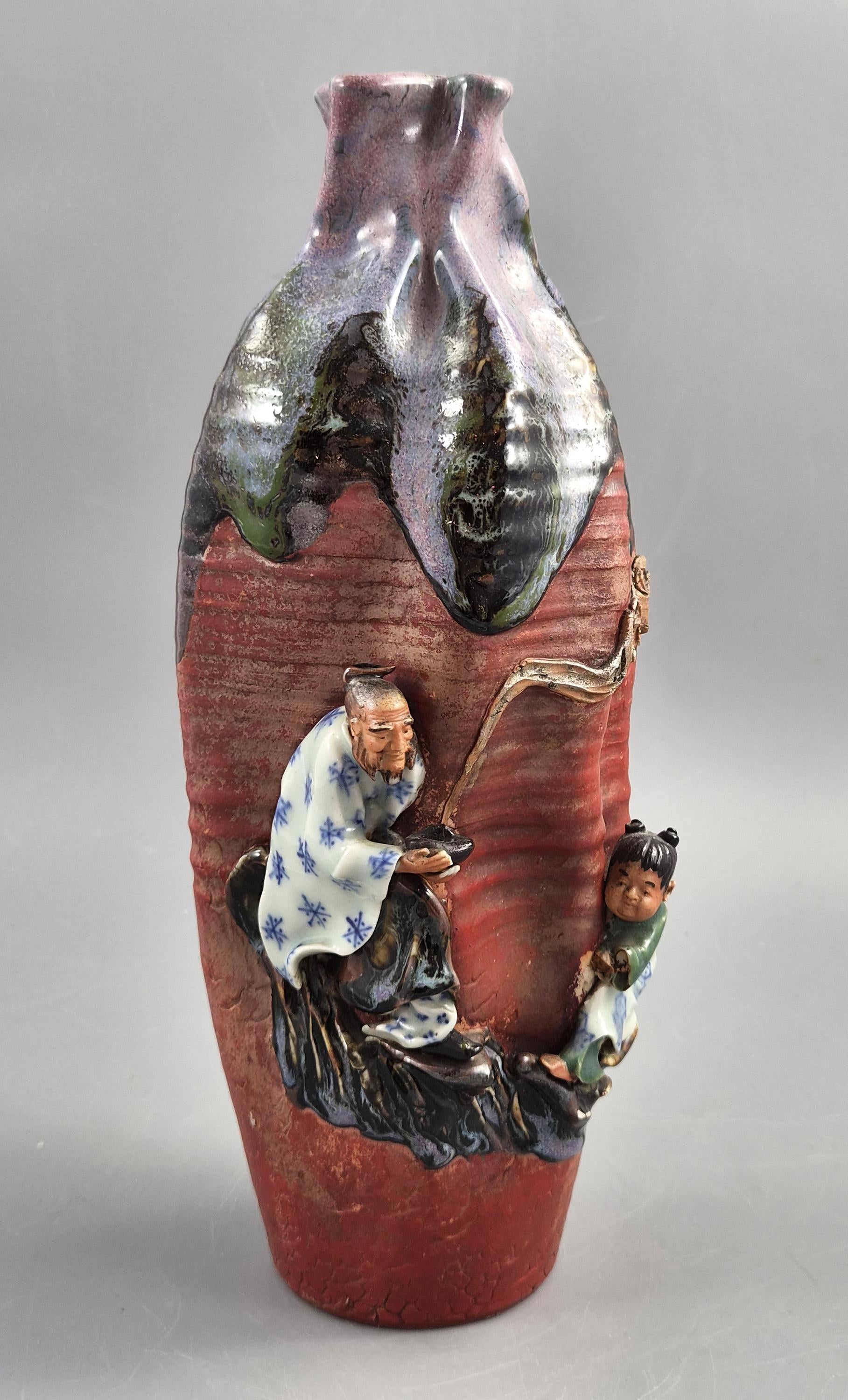 Japanese Sumida Gawa Vase Signed Ban-ni, Sage and Karako, Lavender Flambé, Meiji c.1900