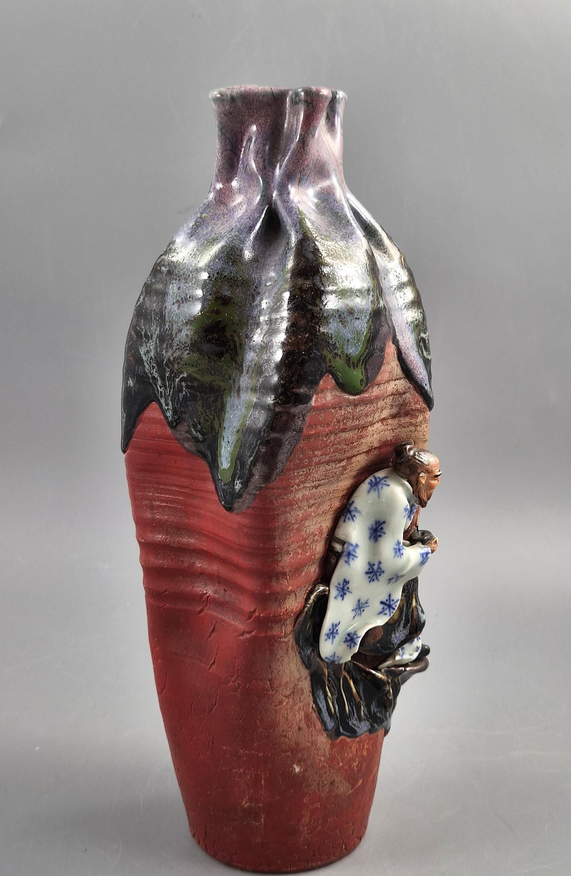 Japanese Sumida Gawa Vase Signed Ban-ni, Sage and Karako, Lavender Flambé, Meiji c.1900