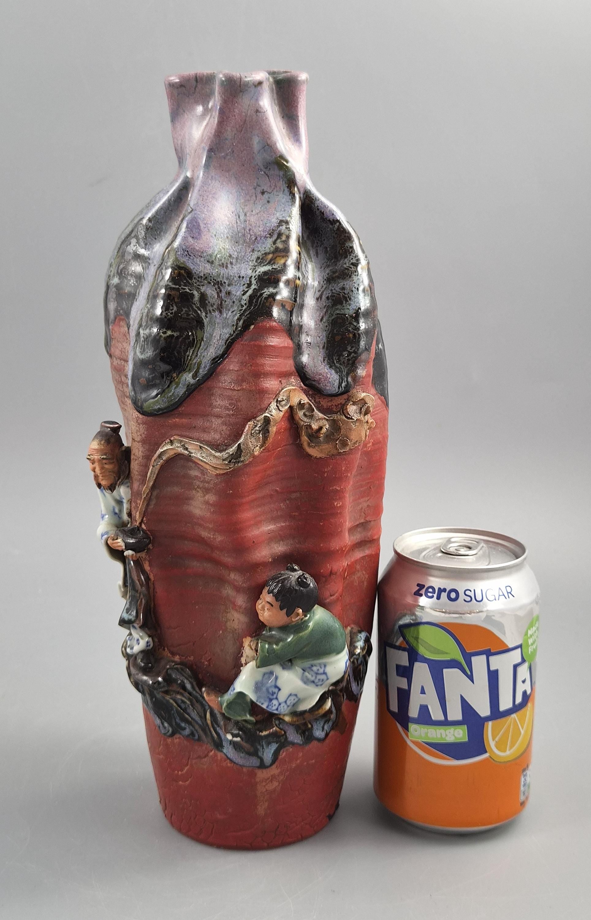Japanese Sumida Gawa Vase Signed Ban-ni, Sage and Karako, Lavender Flambé, Meiji c.1900
