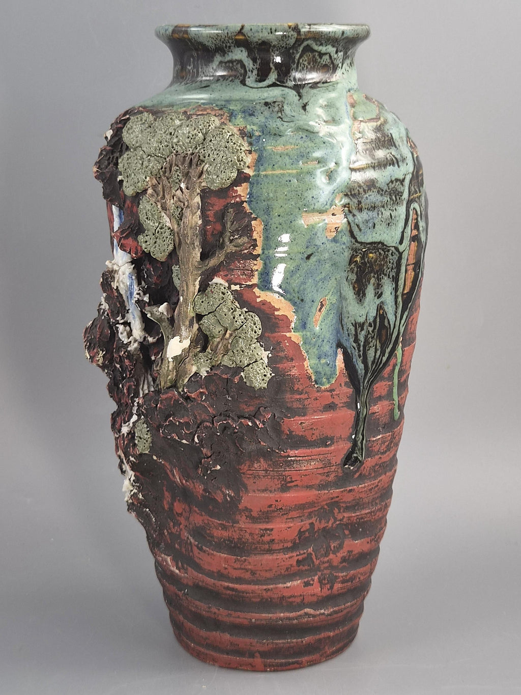 Japanese Sumida Gawa Sculptural Landscape Vase With Stag, Waterfall And Tree, Meiji–taishō