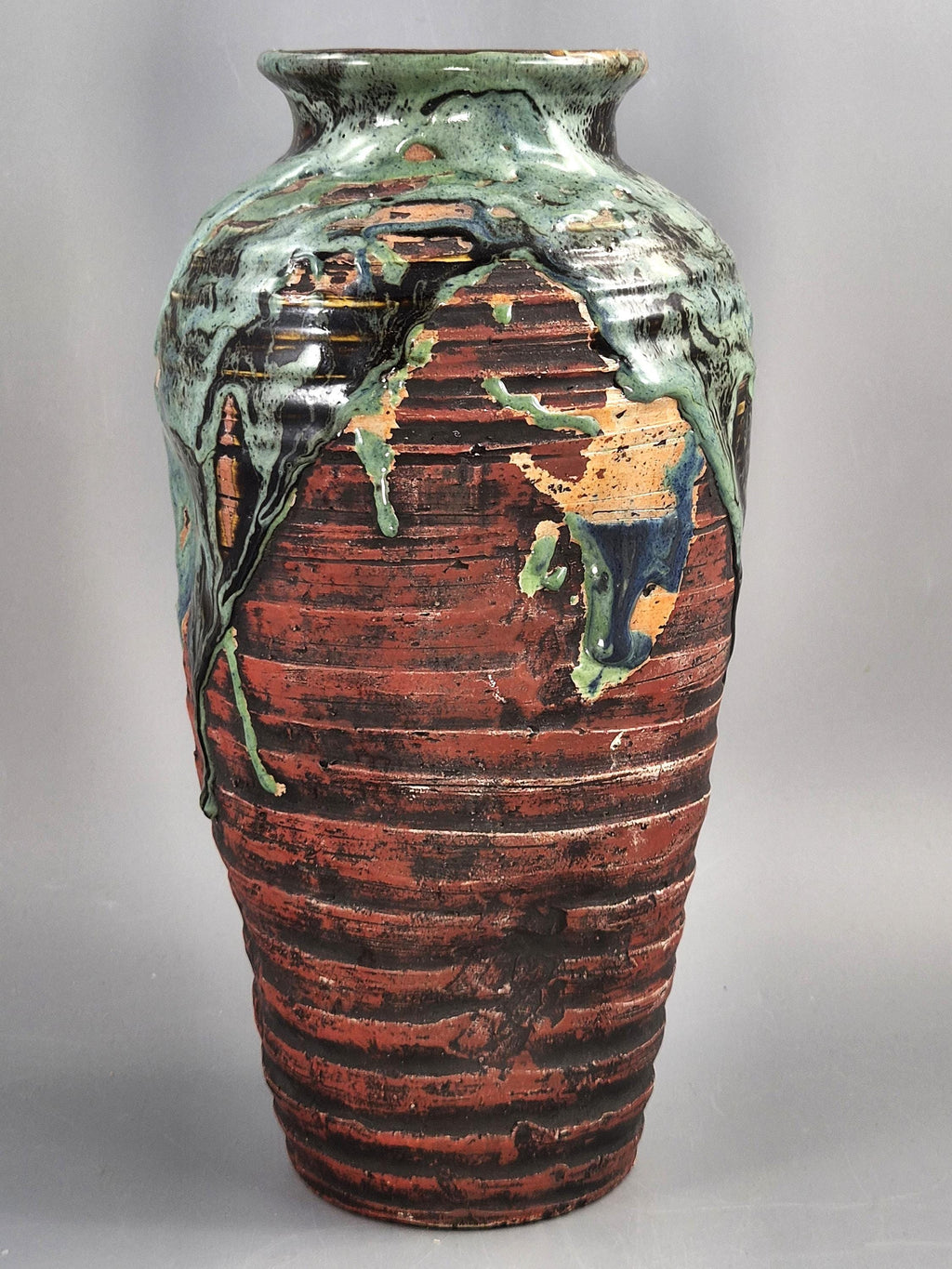 Japanese Sumida Gawa Sculptural Landscape Vase With Stag, Waterfall And Tree, Meiji–taishō