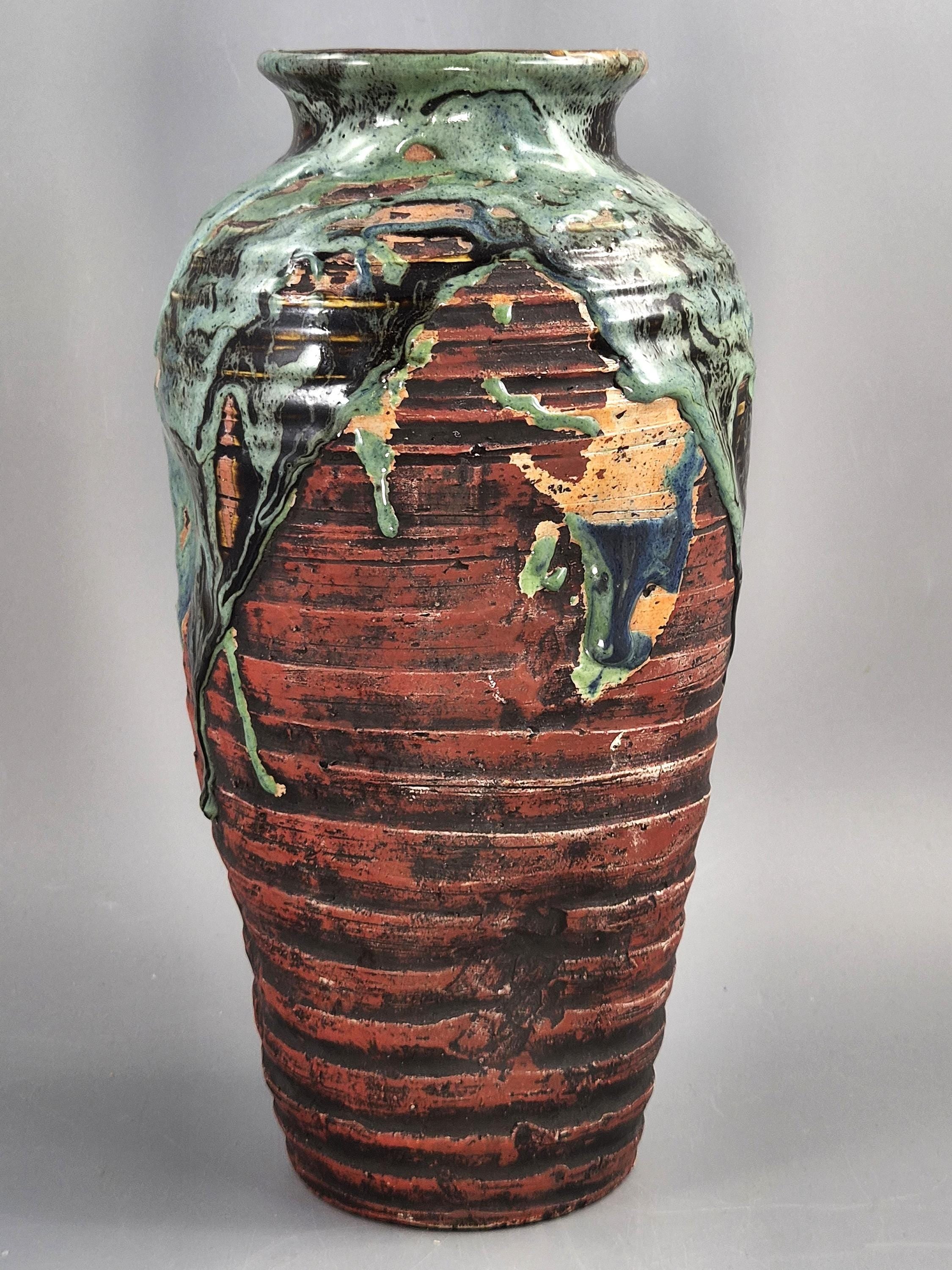Japanese Sumida Gawa Sculptural Landscape Vase With Stag, Waterfall And Tree, Meiji–taishō