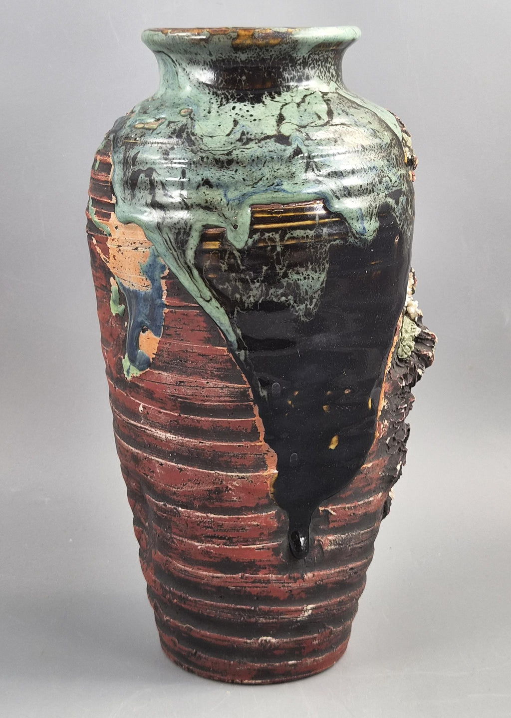 Japanese Sumida Gawa Sculptural Landscape Vase With Stag, Waterfall And Tree, Meiji–taishō