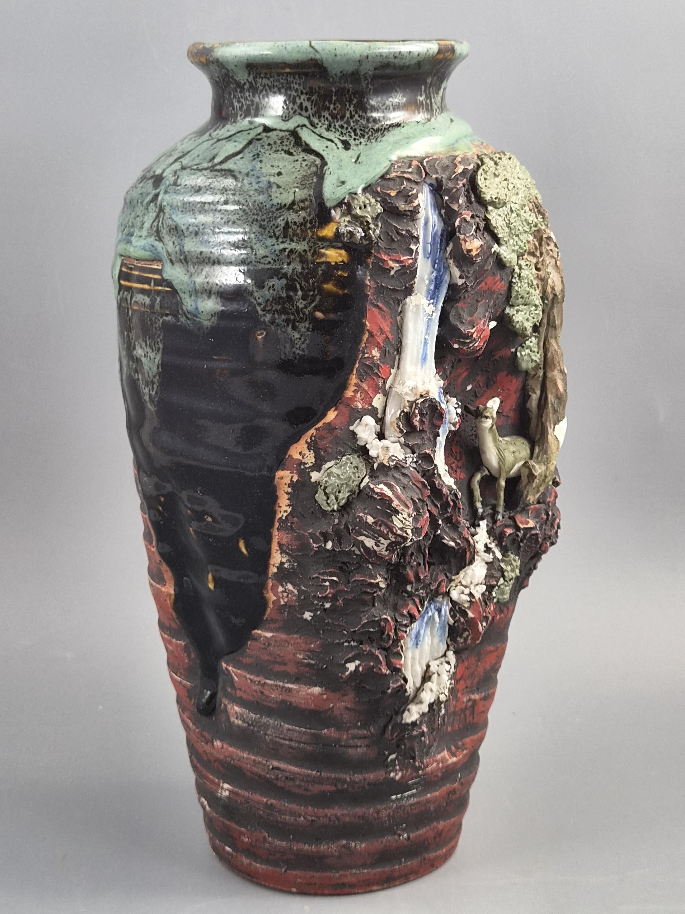 Japanese Sumida Gawa Sculptural Landscape Vase With Stag, Waterfall And Tree, Meiji–taishō