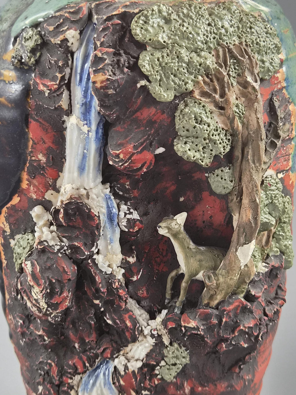 Japanese Sumida Gawa Sculptural Landscape Vase With Stag, Waterfall And Tree, Meiji–taishō