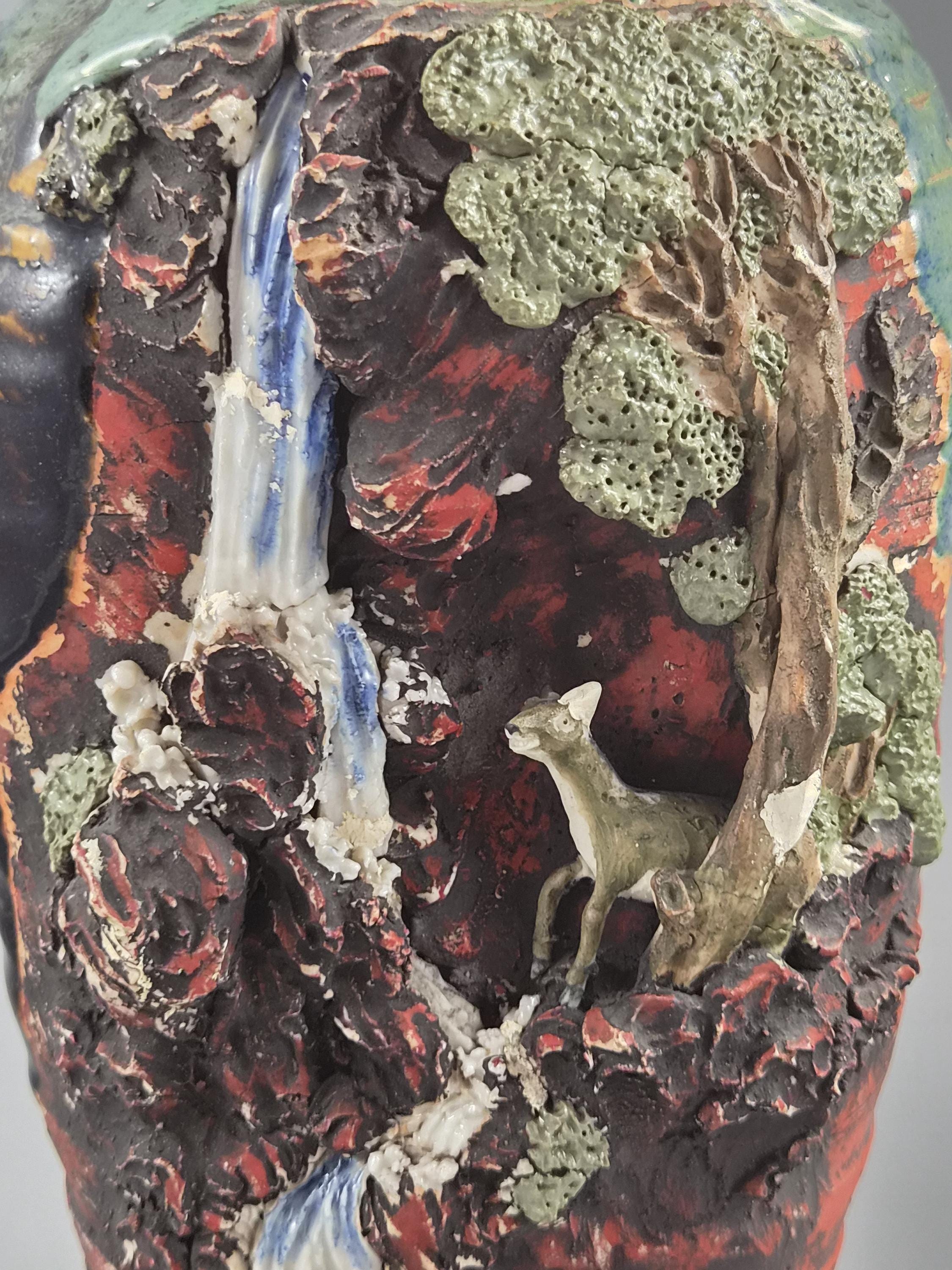 Japanese Sumida Gawa Sculptural Landscape Vase With Stag, Waterfall And Tree, Meiji–taishō