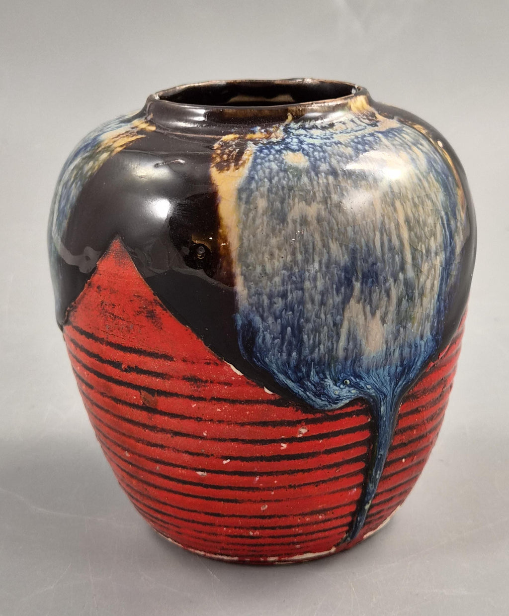Japanese Sumida Gawa Jar Vase, Climbing Figure, Blue Flambé Glaze, Taishō–Shōwa c.1920–30s