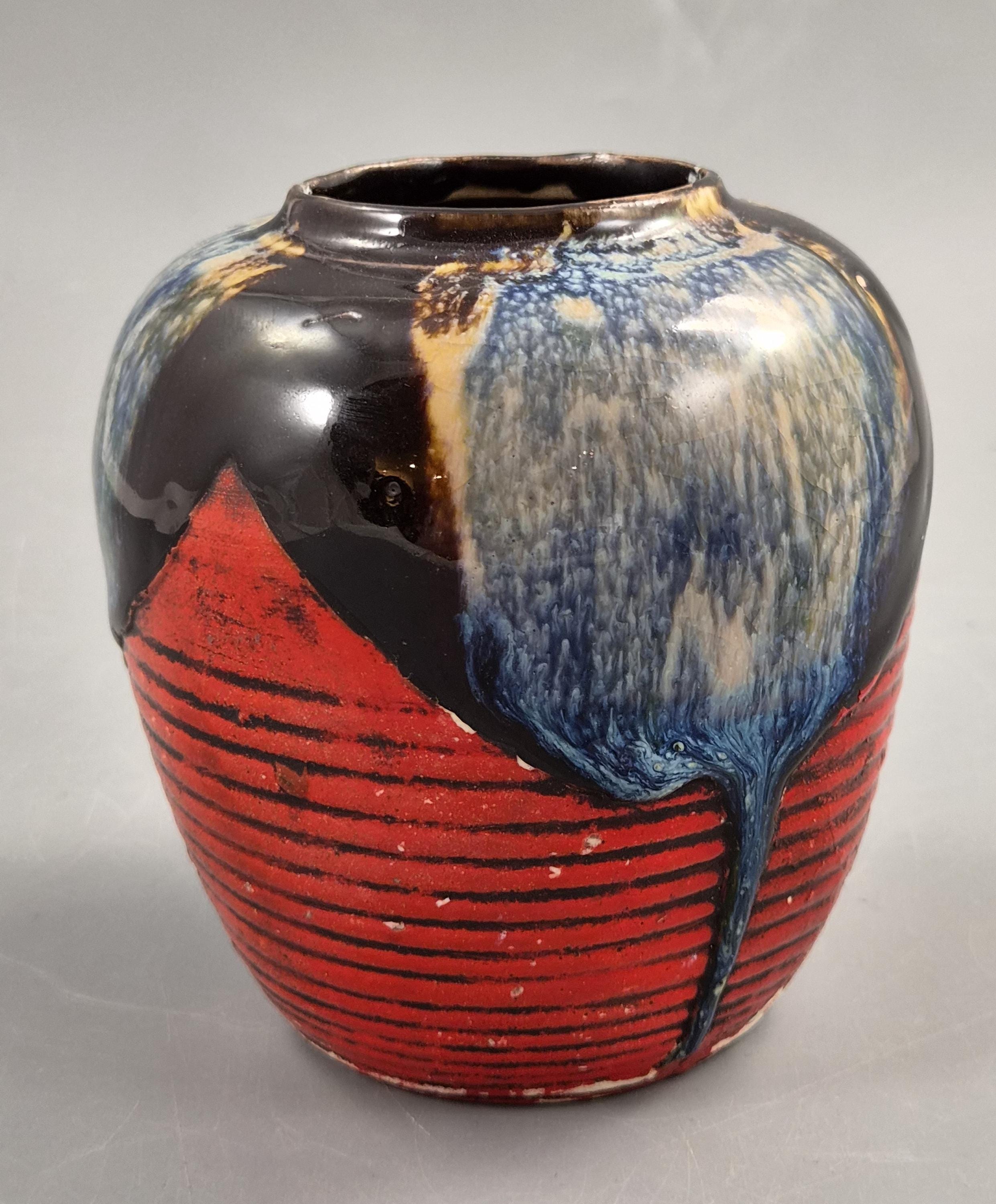 Japanese Sumida Gawa Jar Vase, Climbing Figure, Blue Flambé Glaze, Taishō–Shōwa c.1920–30s