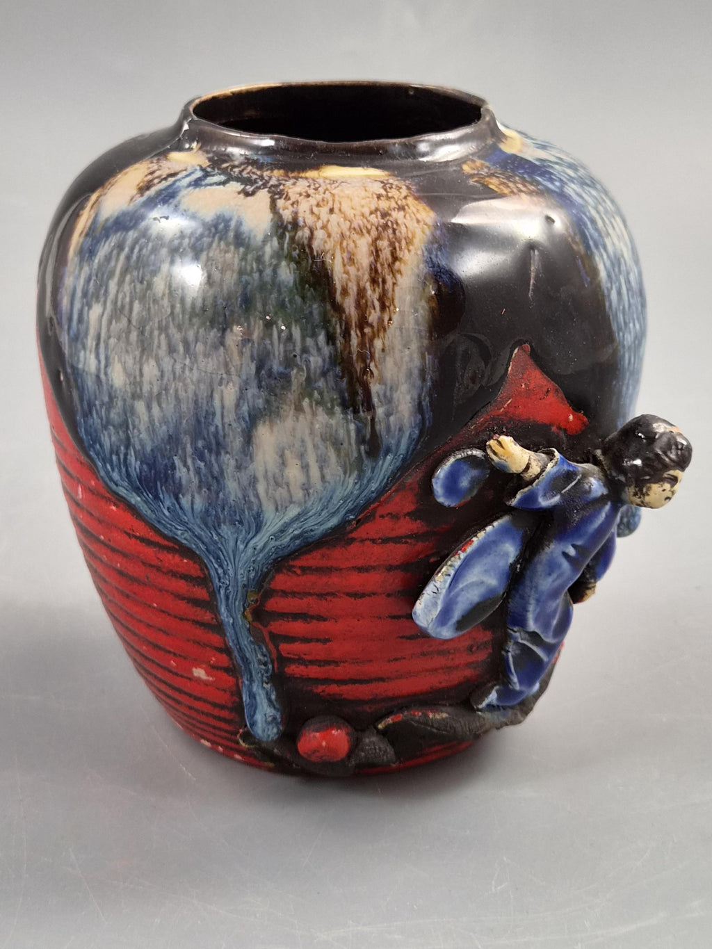 Japanese Sumida Gawa Jar Vase, Climbing Figure, Blue Flambé Glaze, Taishō–Shōwa c.1920–30s