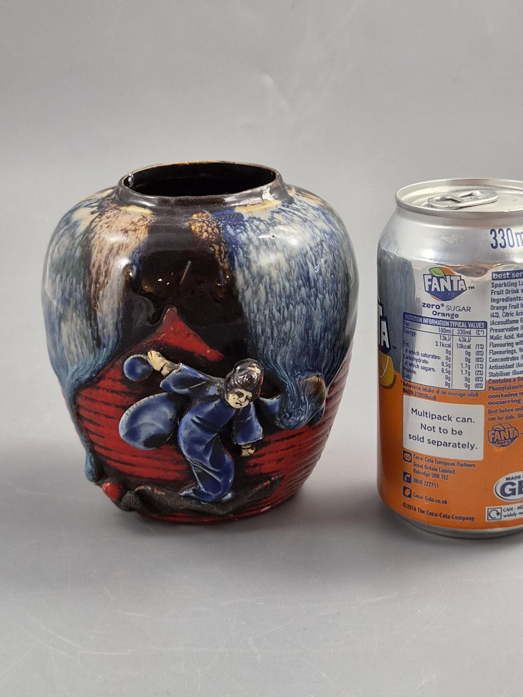 Japanese Sumida Gawa Jar Vase, Climbing Figure, Blue Flambé Glaze, Taishō–Shōwa c.1920–30s