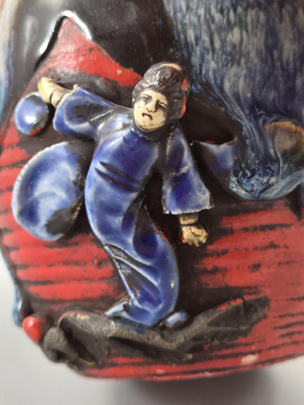Japanese Sumida Gawa Jar Vase, Climbing Figure, Blue Flambé Glaze, Taishō–Shōwa c.1920–30s