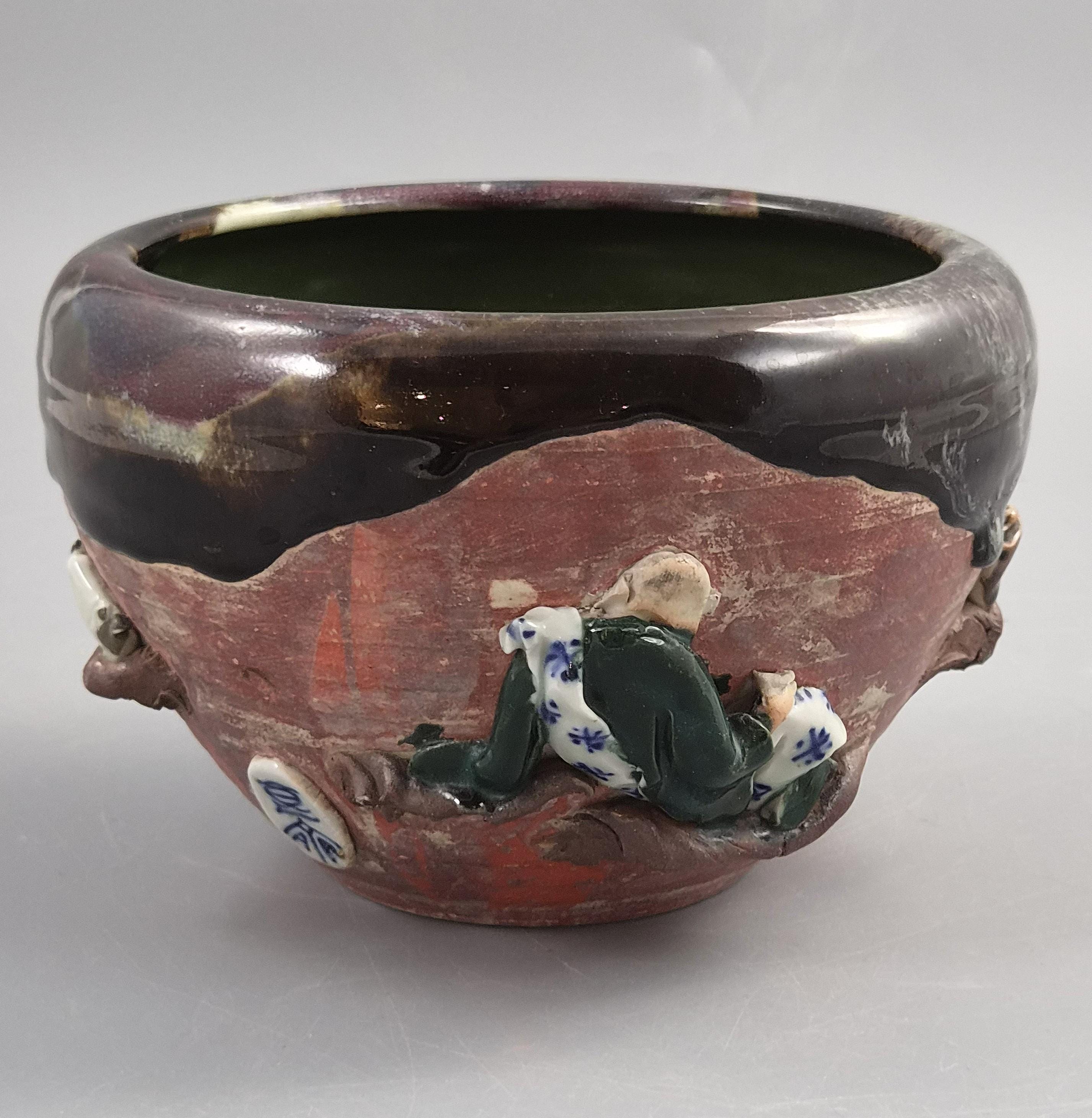 Japanese Sumida Gawa Bowl Signed Inoue Ryōsai, Figures in Relief, Meiji–Taishō c.1900