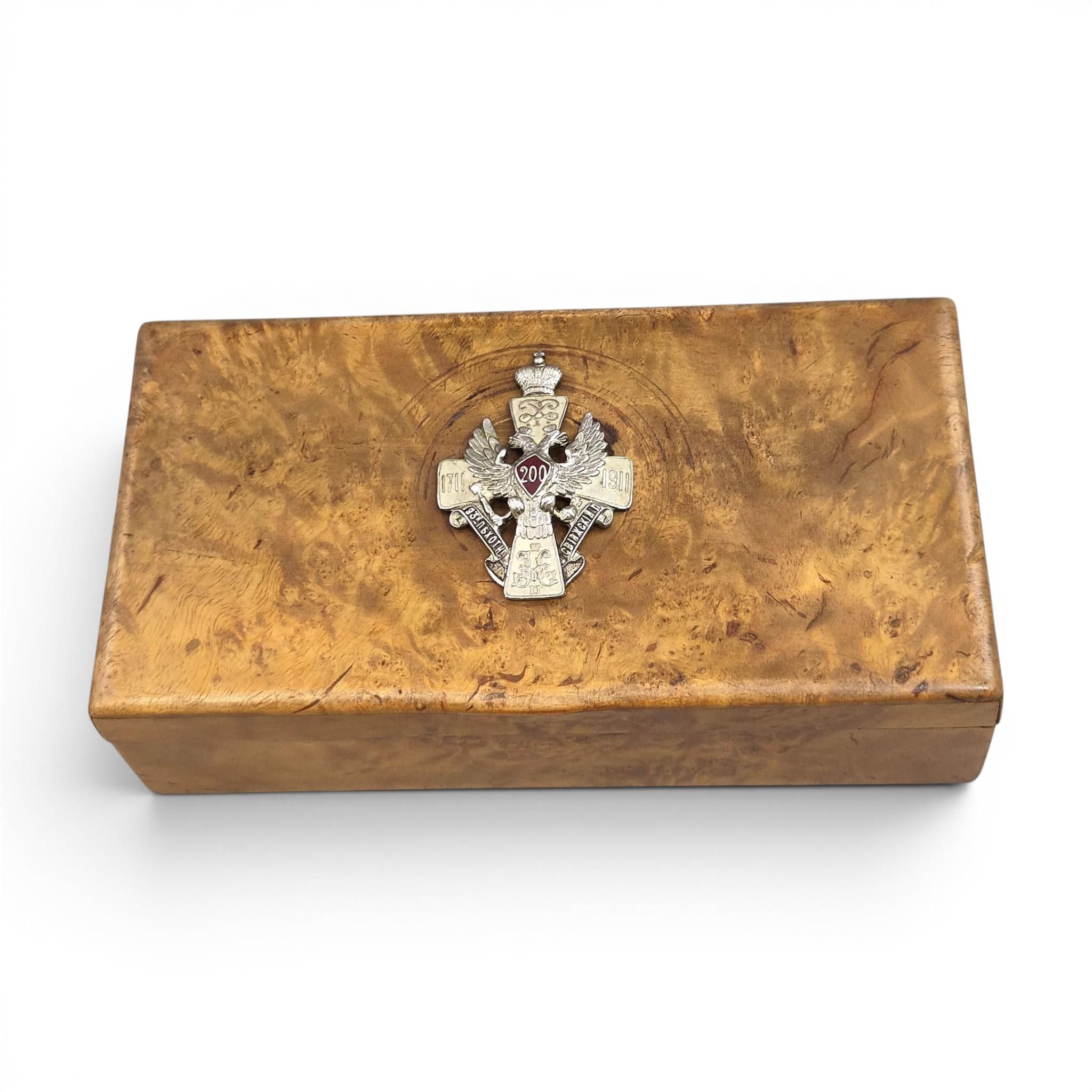 1914 Romanov Era Karelian Birch Officer Box with Silver Enamel Badge