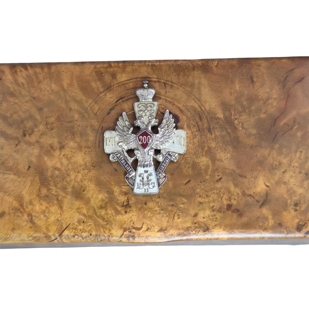 1914 Romanov Era Karelian Birch Officer Box with Silver Enamel Badge