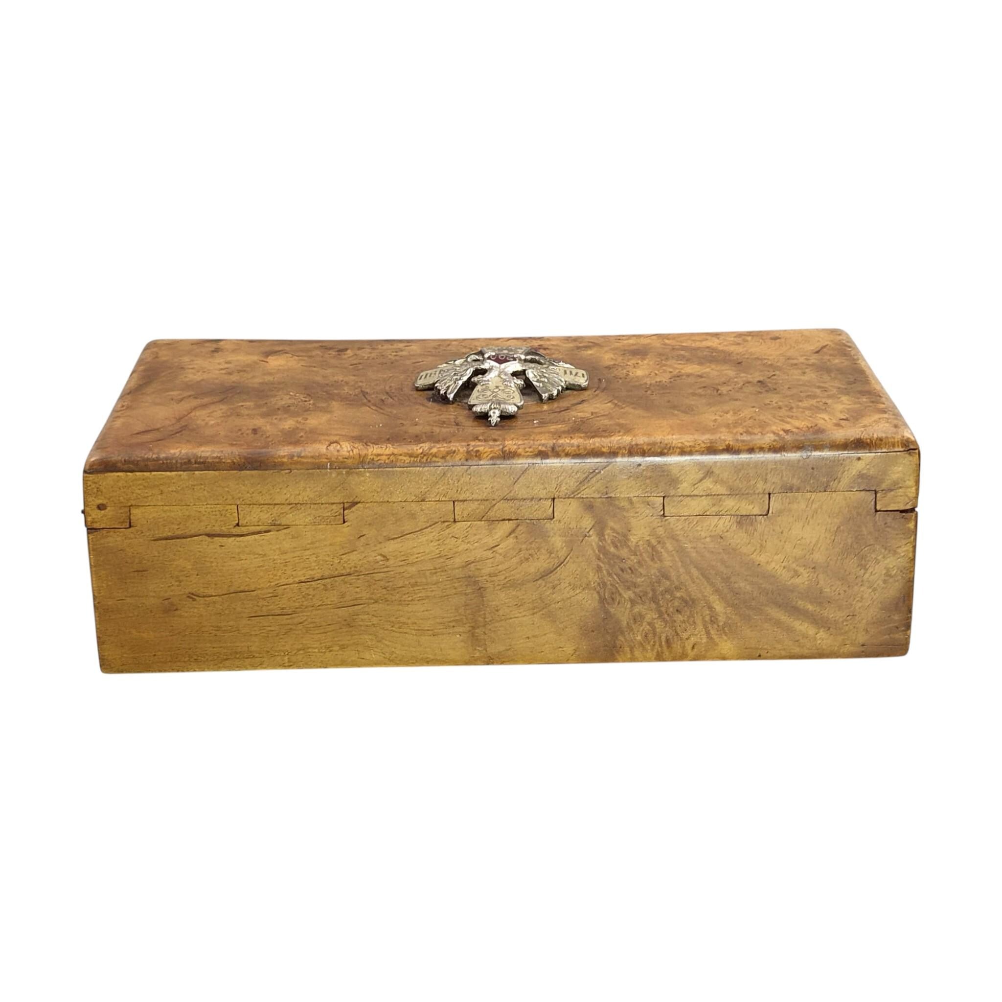 1914 Romanov Era Karelian Birch Officer Box with Silver Enamel Badge