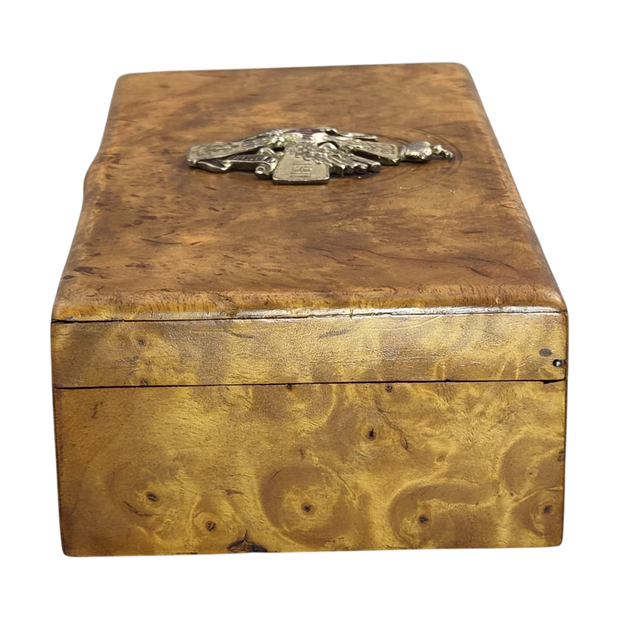 1914 Romanov Era Karelian Birch Officer Box with Silver Enamel Badge