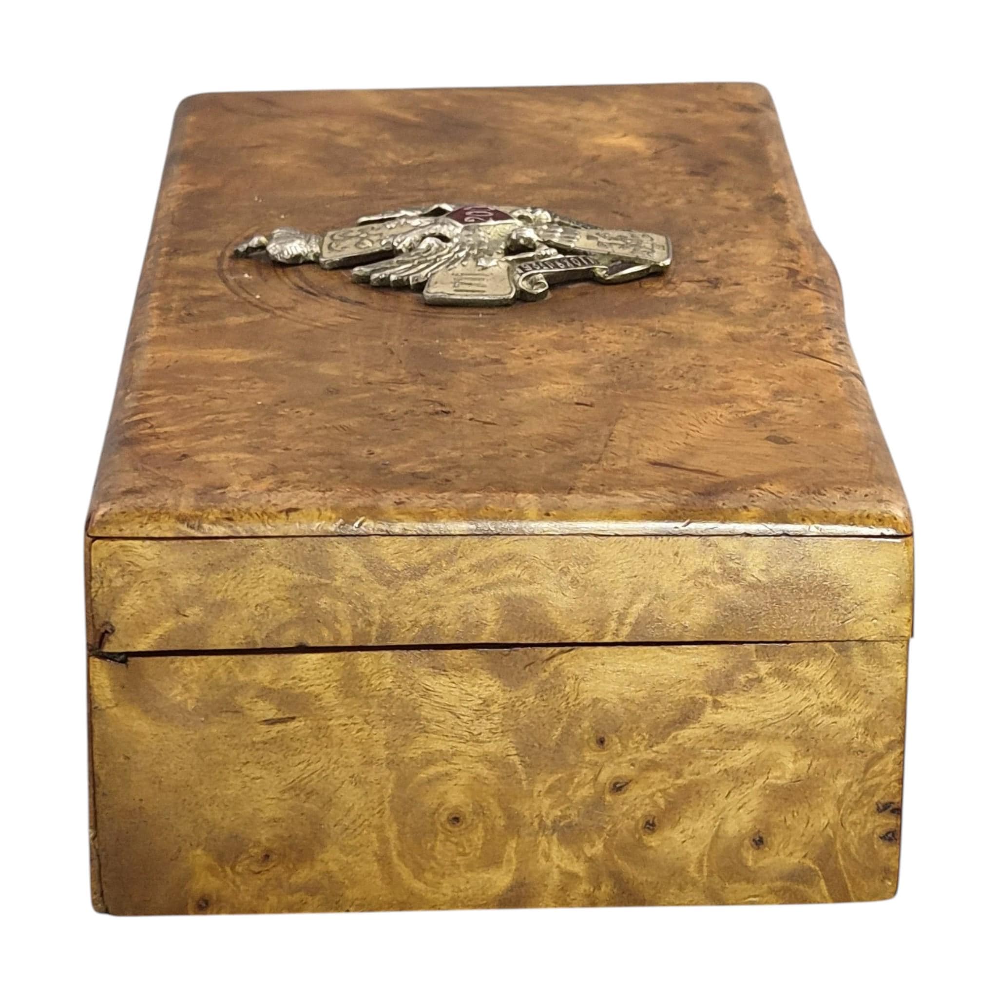 1914 Romanov Era Karelian Birch Officer Box with Silver Enamel Badge