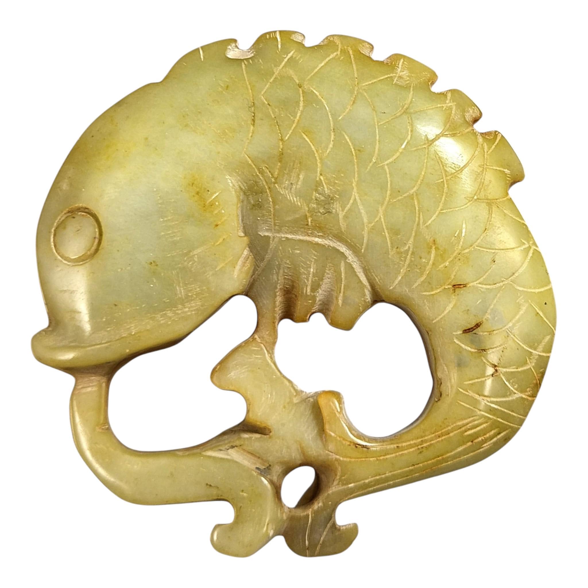 Chinese Hand-Carved Stone Amulets in Archaic Style (Fangu), Qilin Bi Disc, Chilong Dragon & Carp