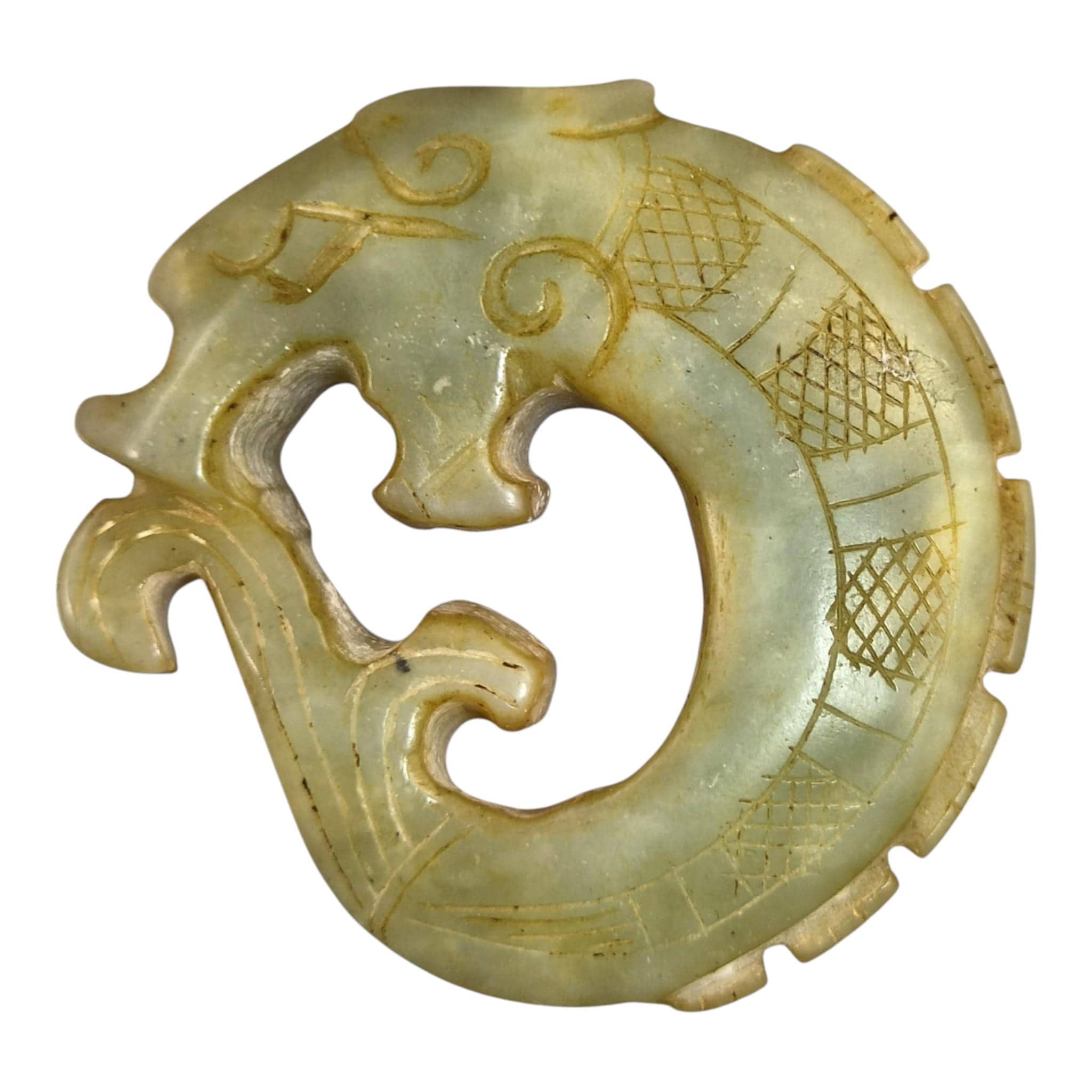 Chinese Hand-Carved Stone Amulets in Archaic Style (Fangu), Qilin Bi Disc, Chilong Dragon & Carp