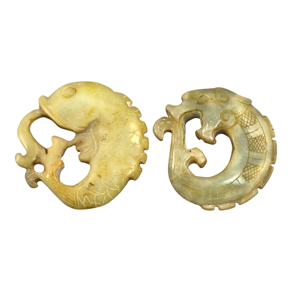 Chinese Hand-Carved Stone Amulets in Archaic Style (Fangu), Qilin Bi Disc, Chilong Dragon & Carp
