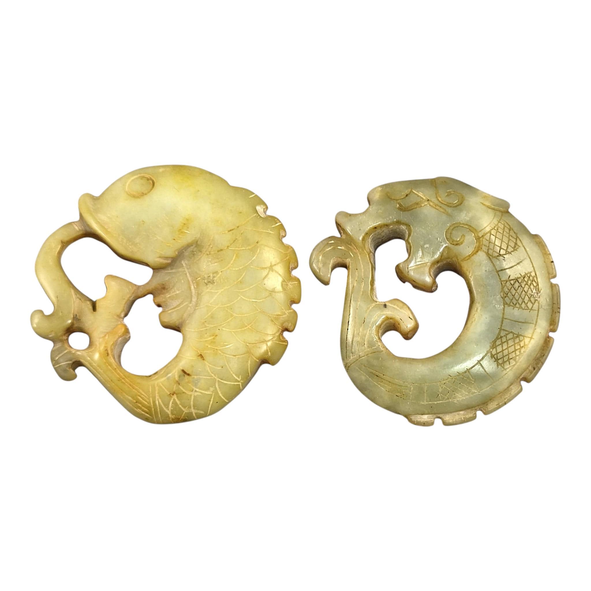 Chinese Hand-Carved Stone Amulets in Archaic Style (Fangu), Qilin Bi Disc, Chilong Dragon & Carp