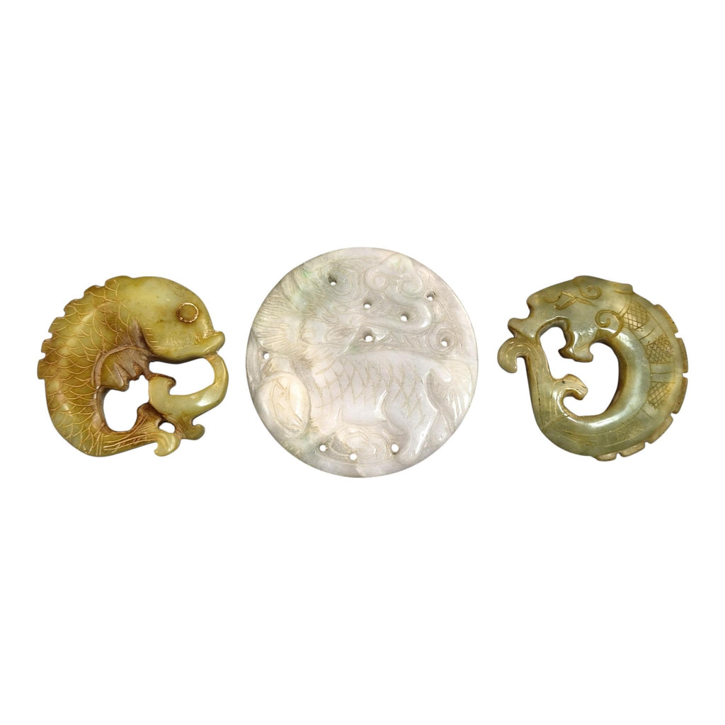Chinese Hand-Carved Stone Amulets in Archaic Style (Fangu), Qilin Bi Disc, Chilong Dragon & Carp