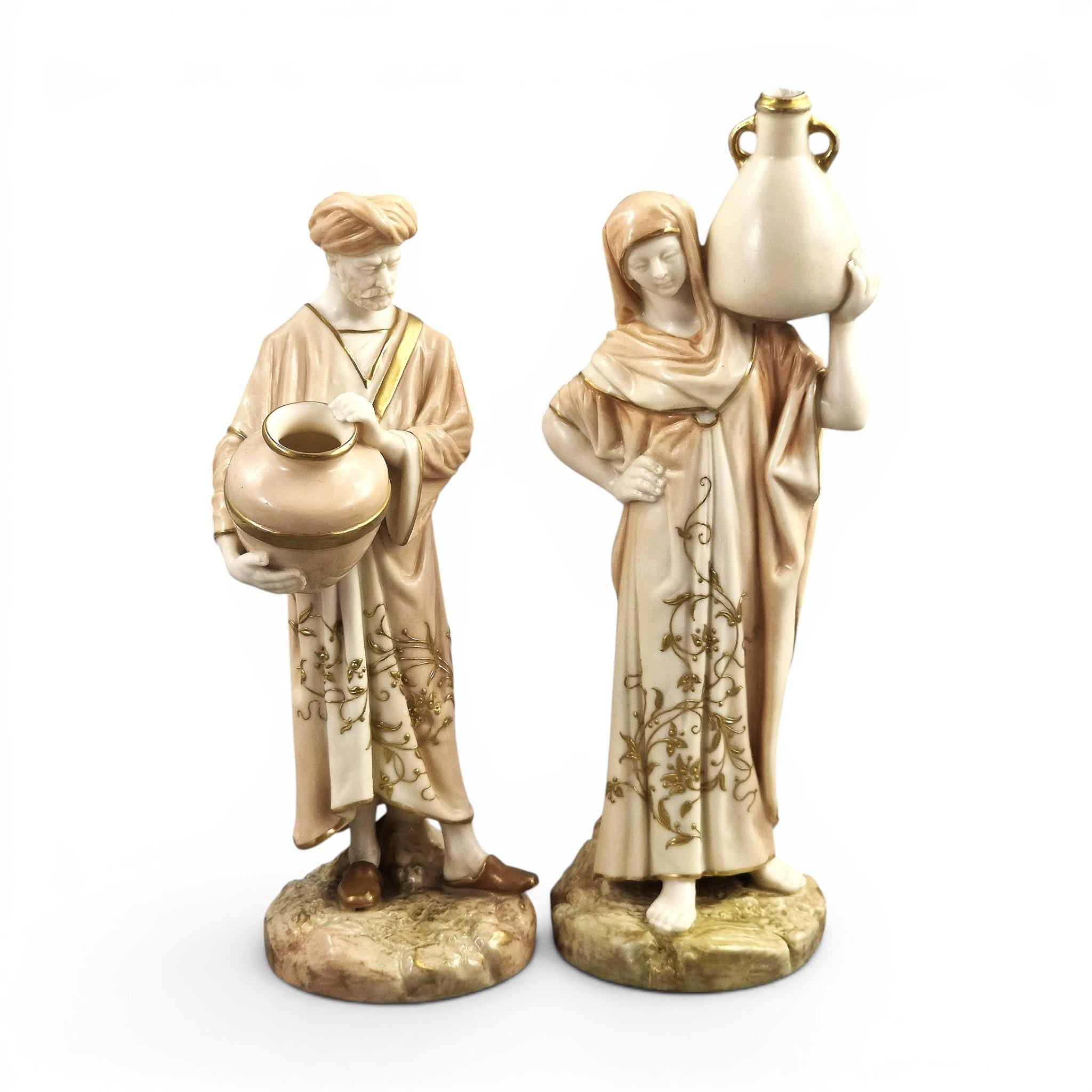 Royal Worcester Blush Ivory Cairo Water Carriers by James Hadley, Pair of Orientalist Porcelain Figures, 1901-1902