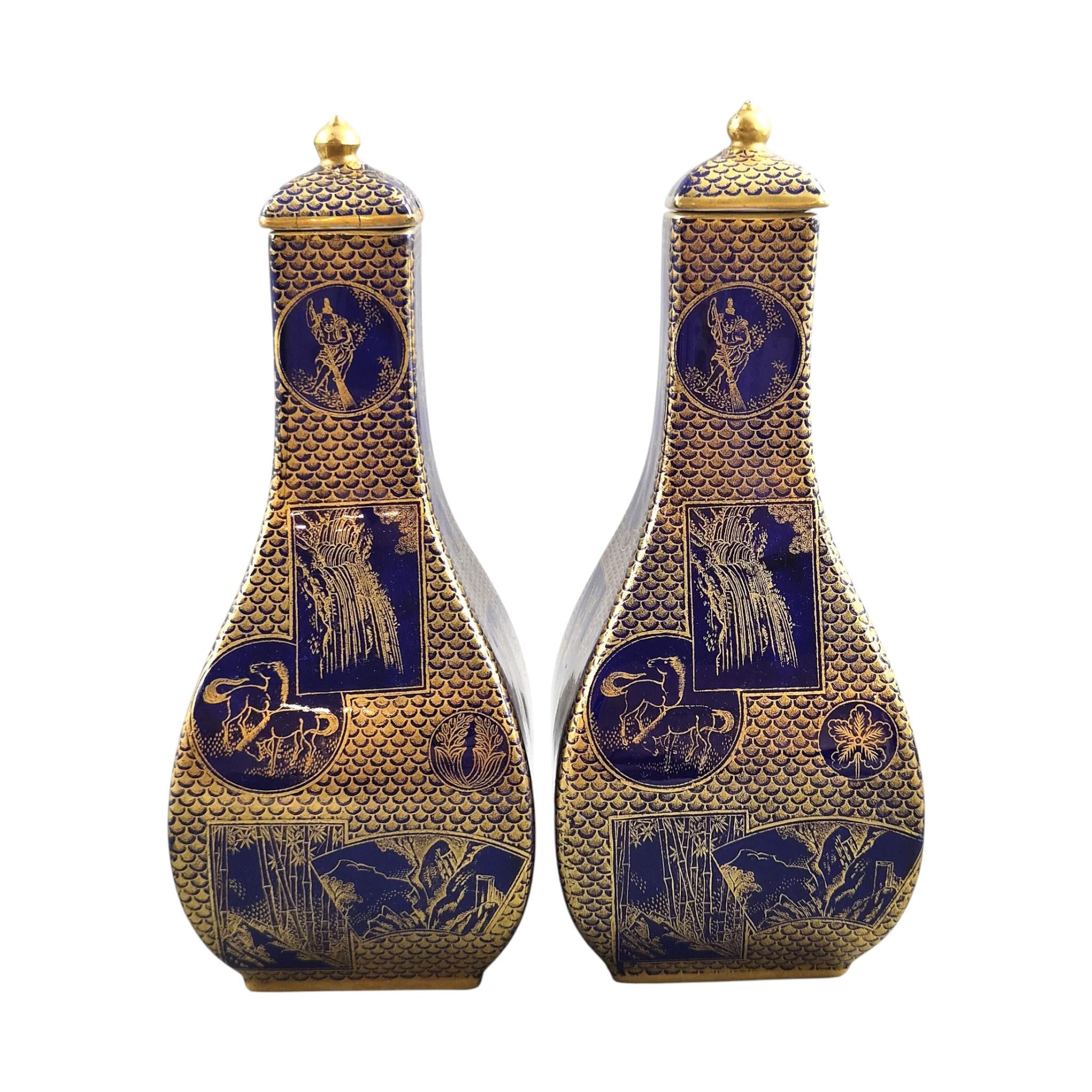 Rare Pair Mason's Patent Ironstone Mazarine Blue Vases Pattern 1566 c1830-48