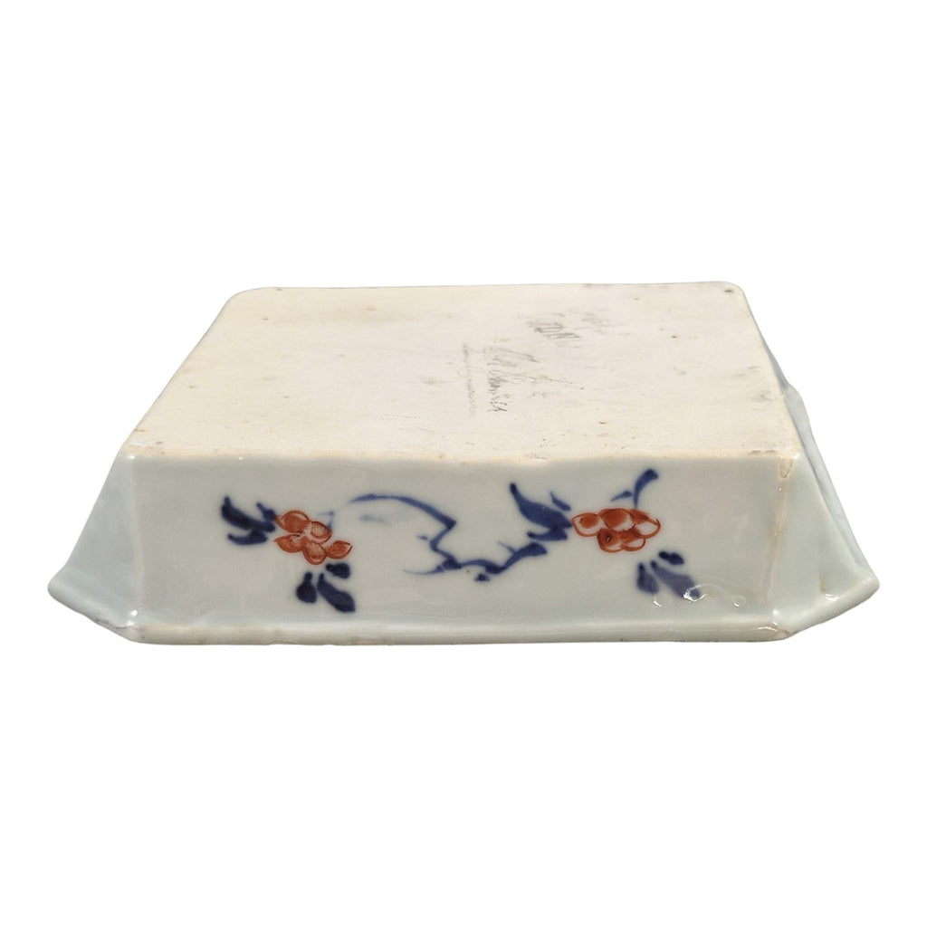Chinese Imari Kangxi Chamfered Square Porcelain Bowl, Garden Pavilion, Qing Dynasty, c.1700-1720