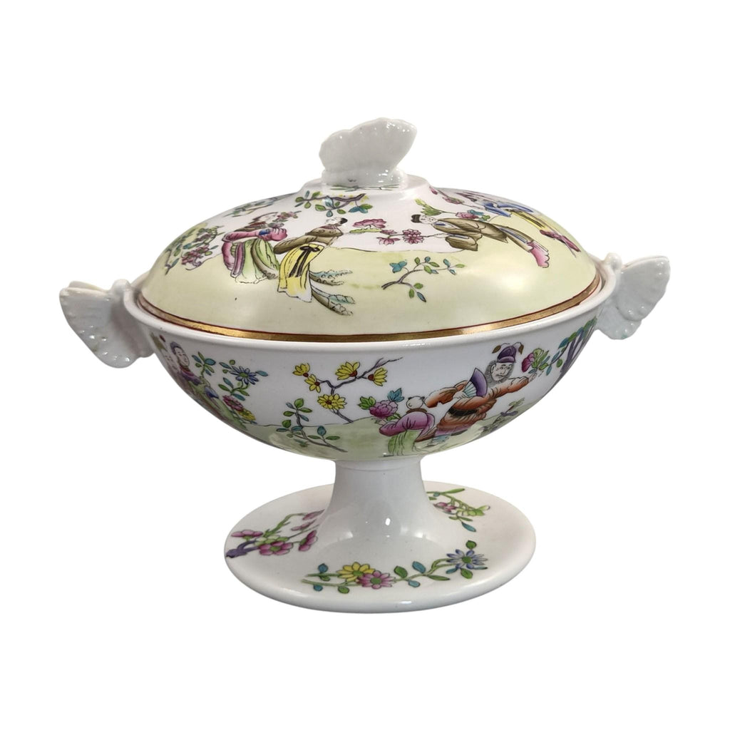 Rare Spode Felspar Porcelain Butterfly Handled Covered Pedestal Bowl c1821 Chinoiserie
