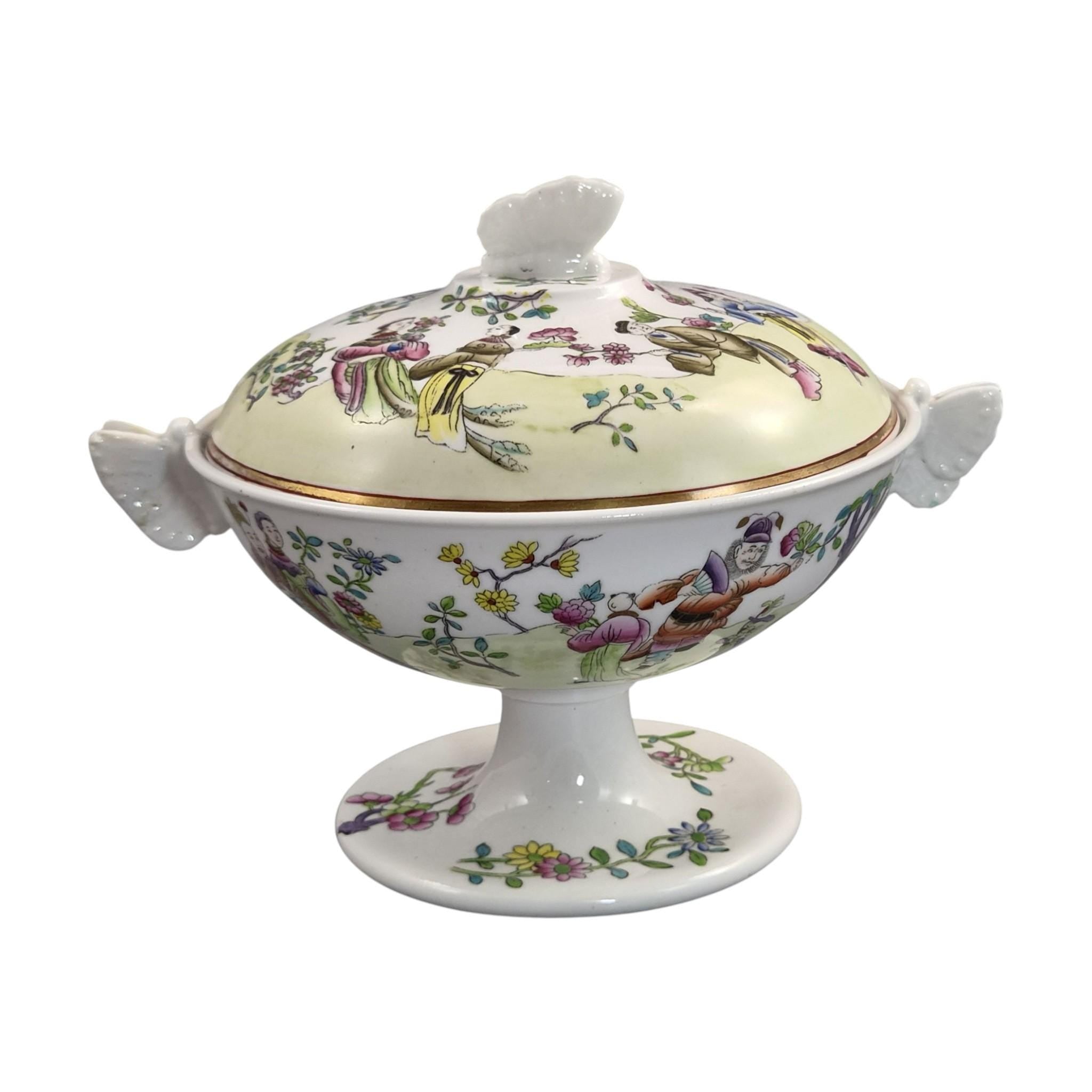 Rare Spode Felspar Porcelain Butterfly Handled Covered Pedestal Bowl c1821 Chinoiserie