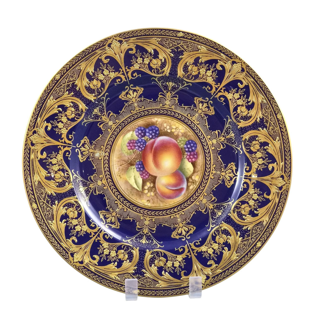 Royal Worcester Brian Leaman Painted Fruit Cabinet Plate Cobalt Gold c.1970s