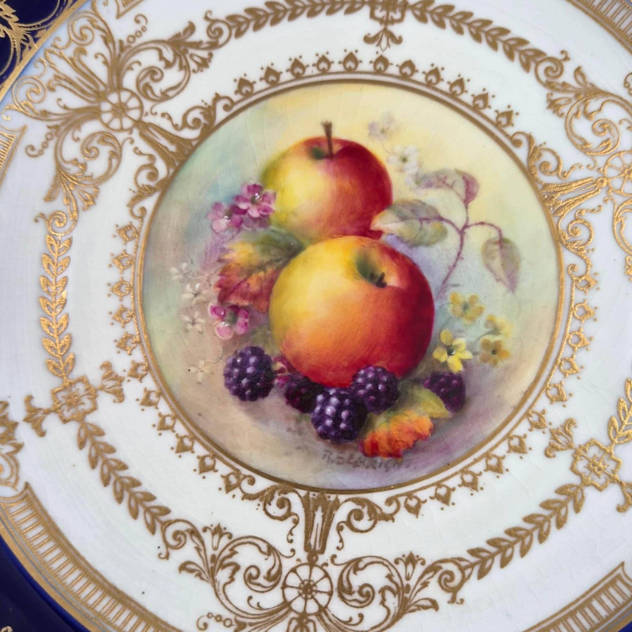 Royal Worcester Richard Sebright Painted Fruit Cabinet Plate, Cobalt & Gold, 1935