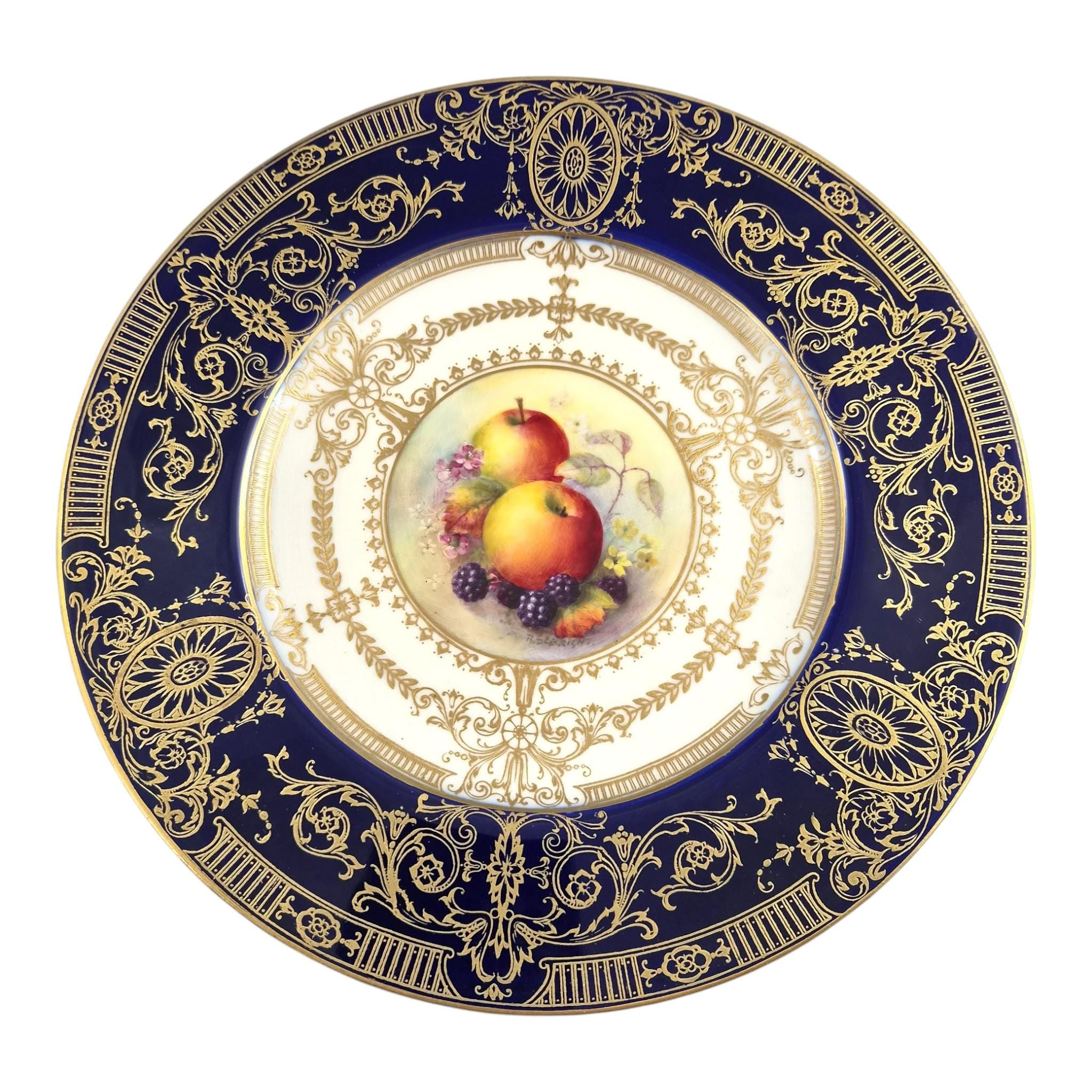 Royal Worcester Richard Sebright Painted Fruit Cabinet Plate, Cobalt & Gold, 1935
