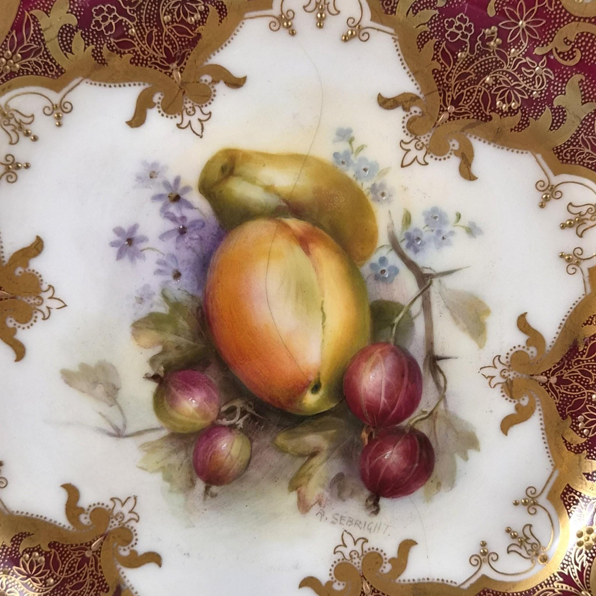 Royal Worcester Richard Sebright Painted Fruit Cabinet Plate 1918 Claret & Gold