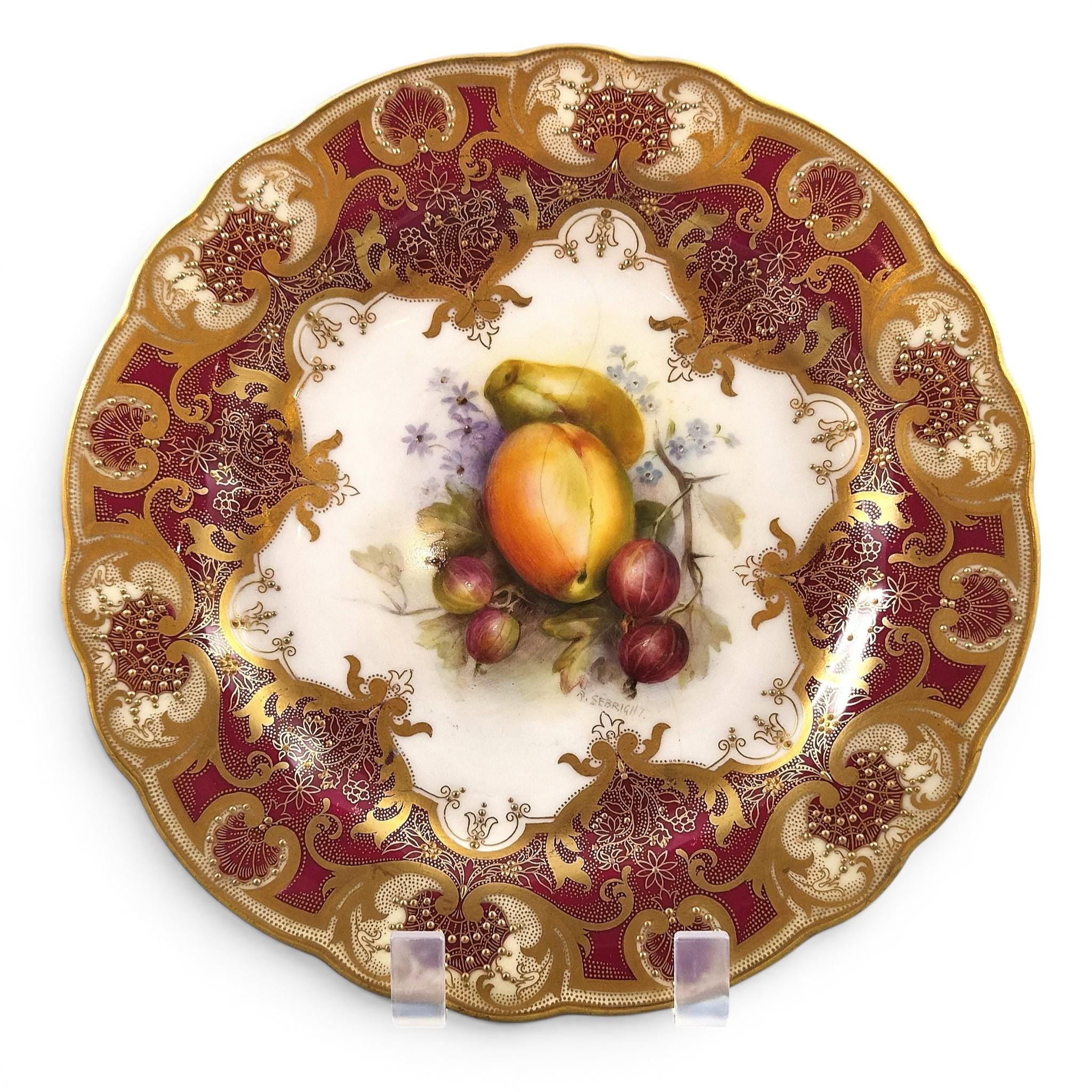 Royal Worcester Richard Sebright Painted Fruit Cabinet Plate 1918 Claret & Gold