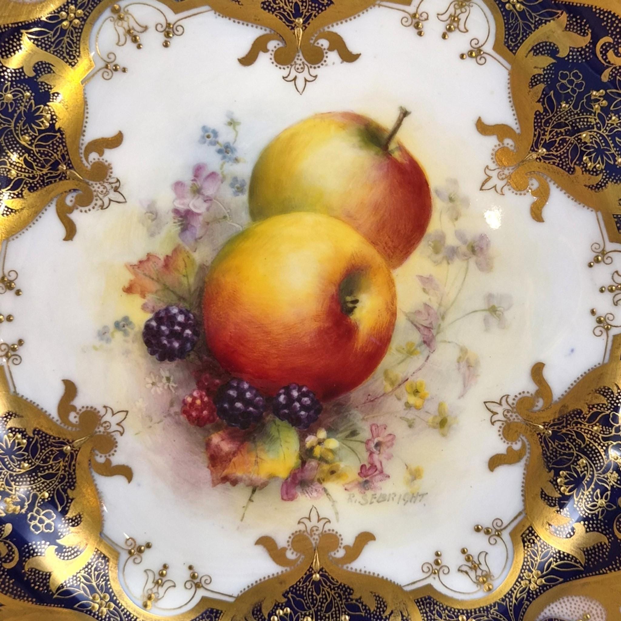 Royal Worcester Richard Sebright Hand Painted Cabinet Plate 1936 Cobalt & Gold
