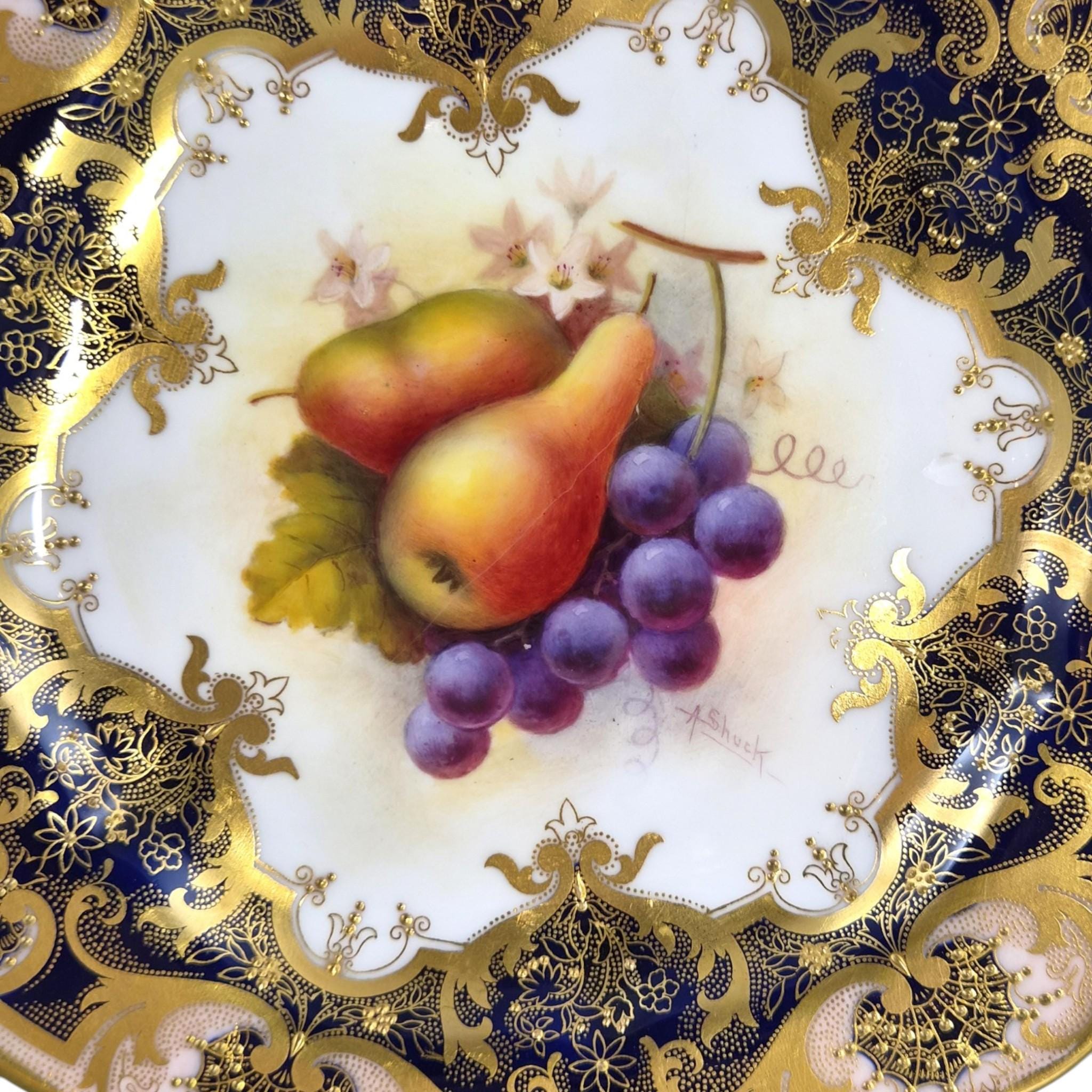Royal Worcester Albert Shuck Signed Fruit Cabinet Plate 1928 Cobalt & Gold