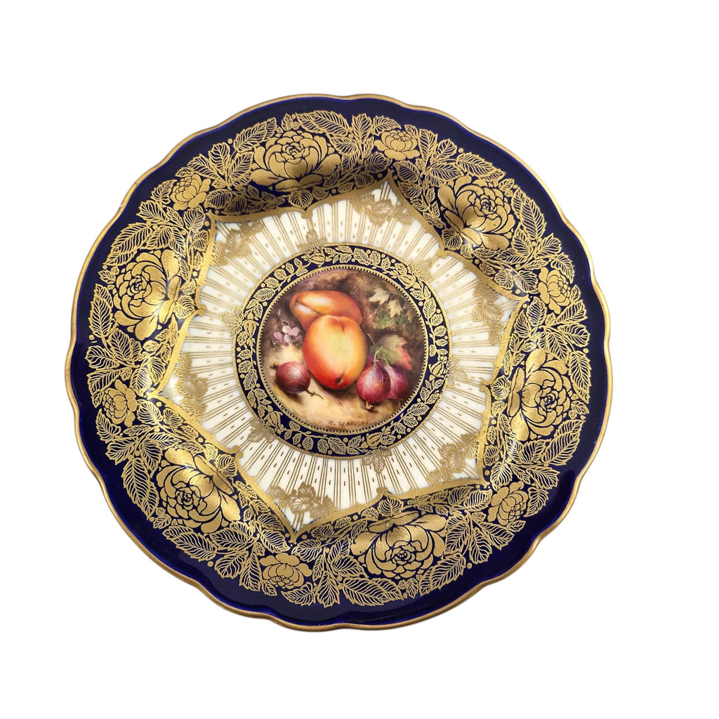 Royal Worcester Richard Sebright Signed Painted Fruit Cabinet Plate, C1970, Cobalt & Gold, 1923