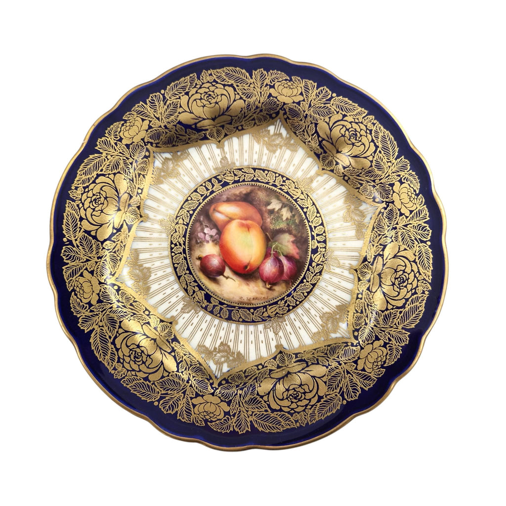 Royal Worcester Richard Sebright Signed Painted Fruit Cabinet Plate, C1970, Cobalt & Gold, 1923