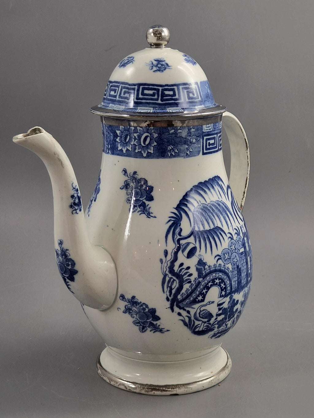 Rare Caughley Georgian Coffee Pot & Cover Temple Landscape Pattern Blue and White Transferware Chinoiserie Silver Mounted c.1780 English