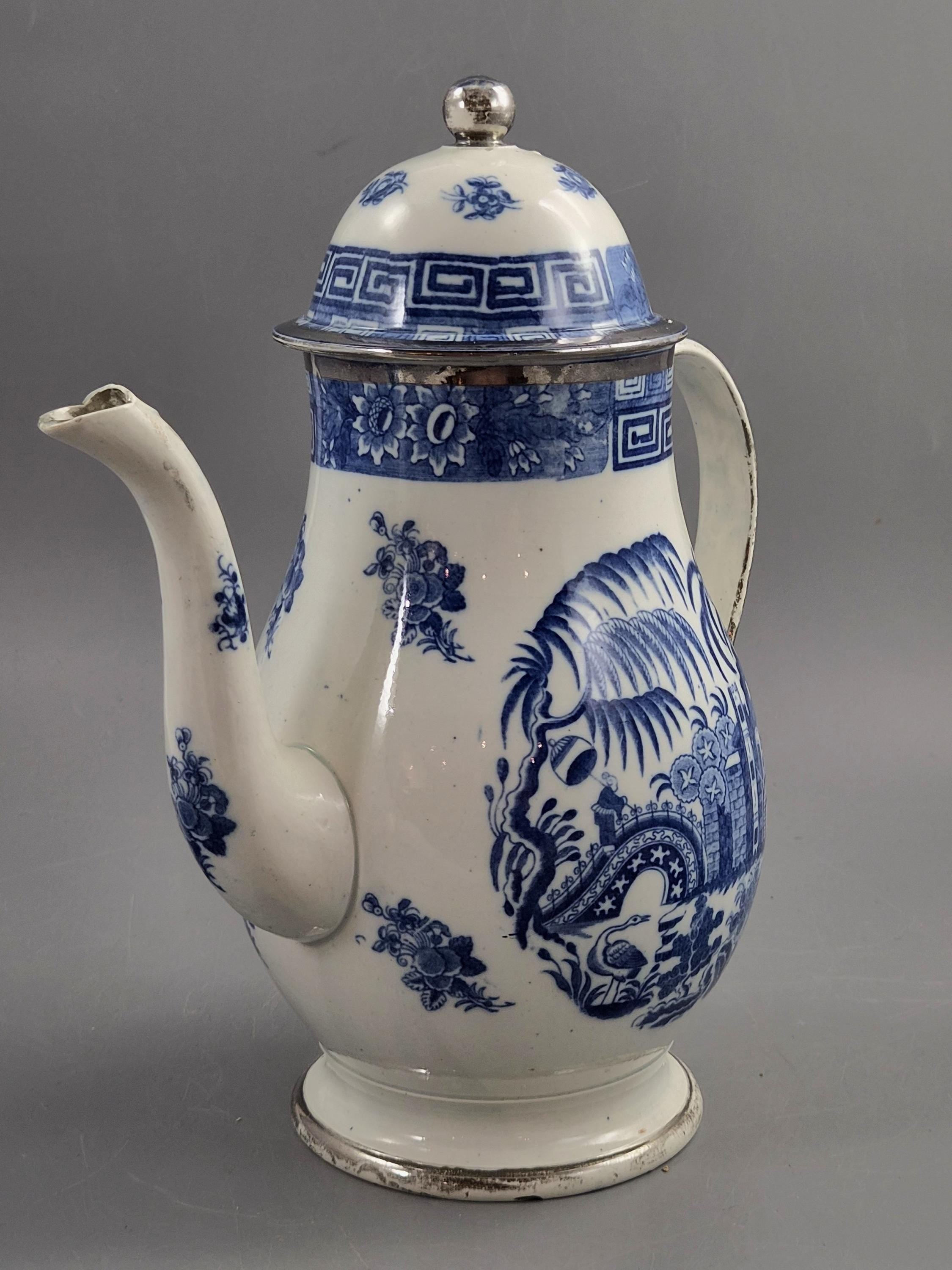 Rare Caughley Georgian Coffee Pot & Cover Temple Landscape Pattern Blue and White Transferware Chinoiserie Silver Mounted c.1780 English
