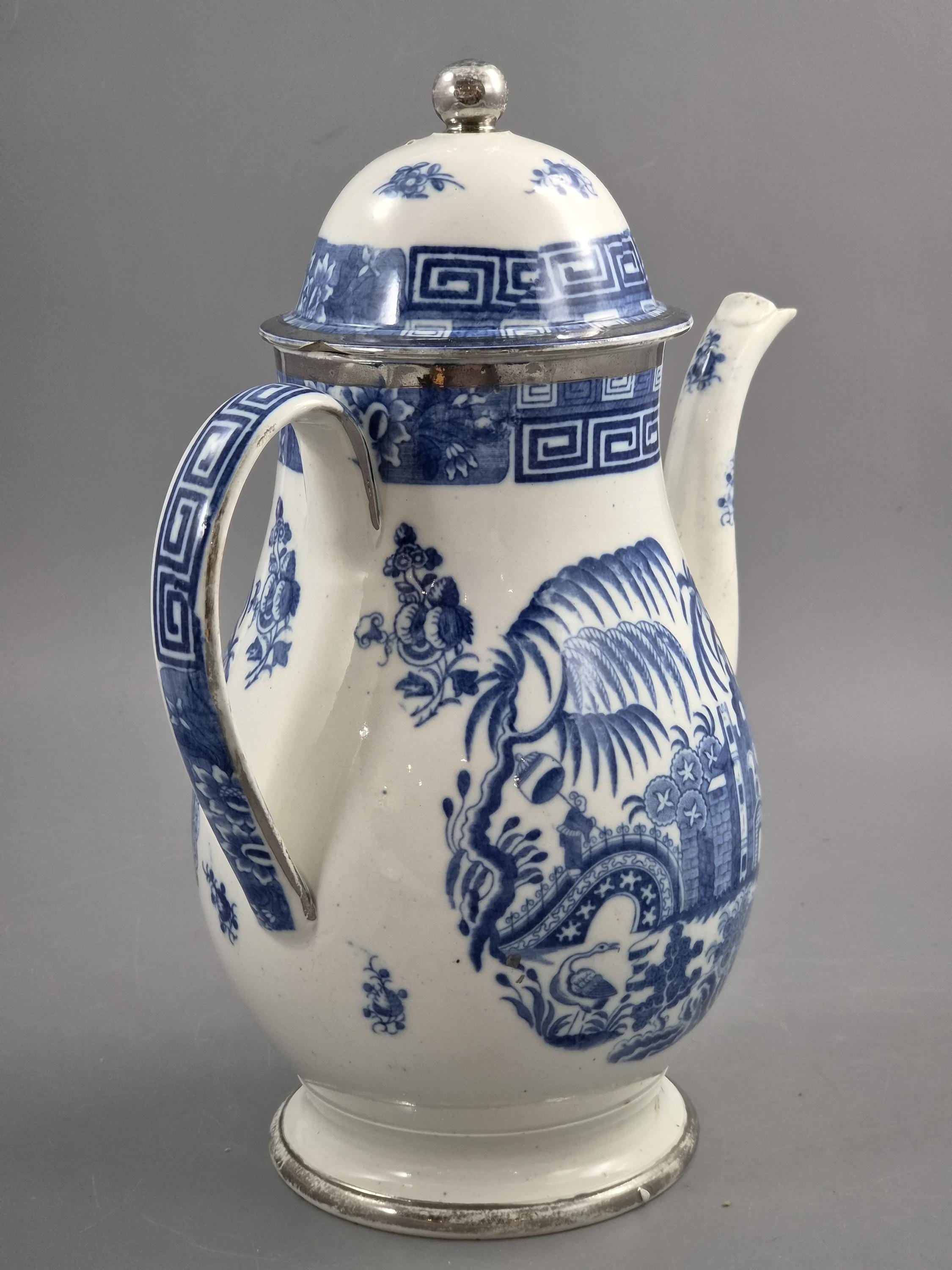 Rare Caughley Georgian Coffee Pot & Cover Temple Landscape Pattern Blue and White Transferware Chinoiserie Silver Mounted c.1780 English